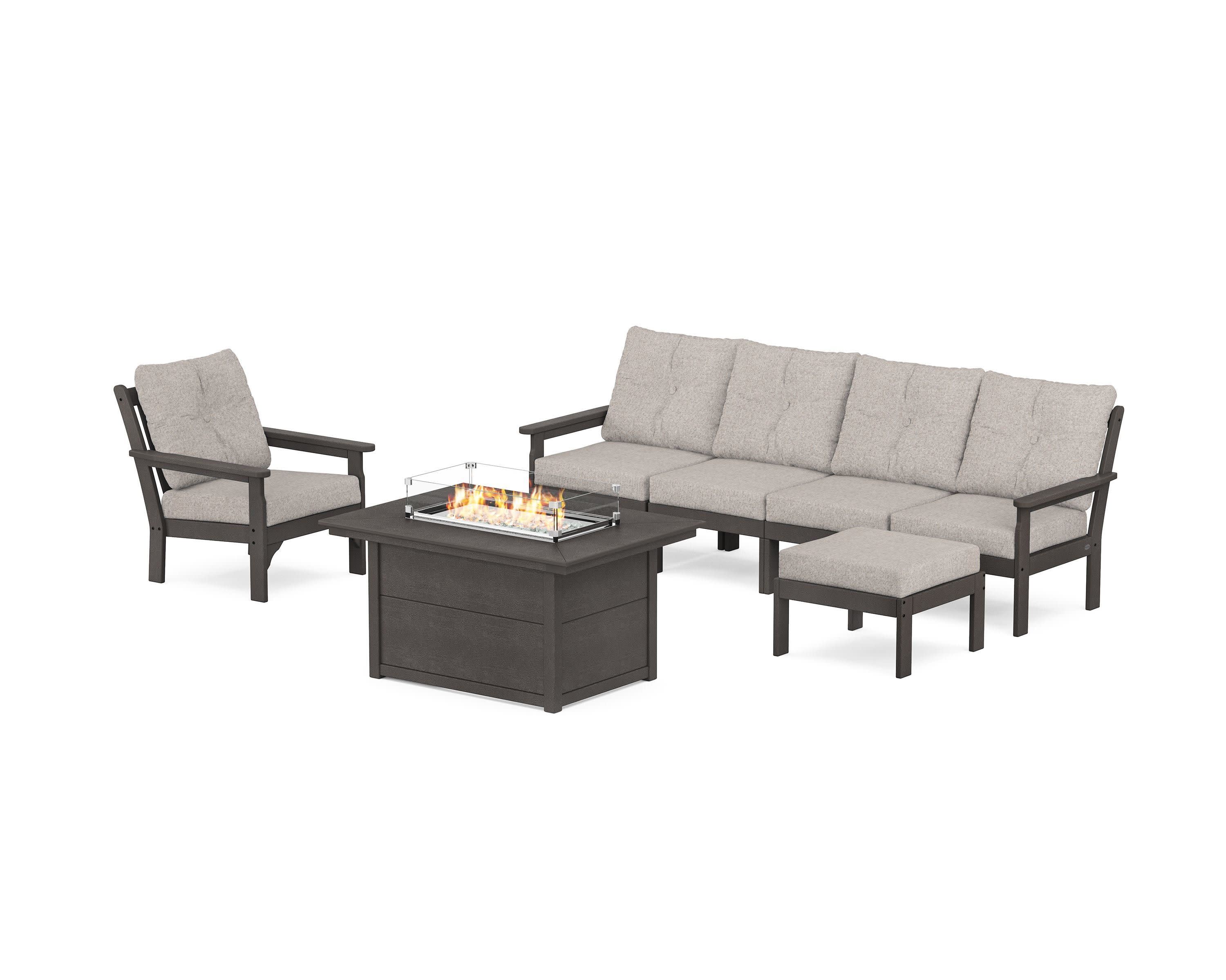 Vineyard Sectional Lounge and Fire Pit Set in Vintage Coffee / Weathered Tweed