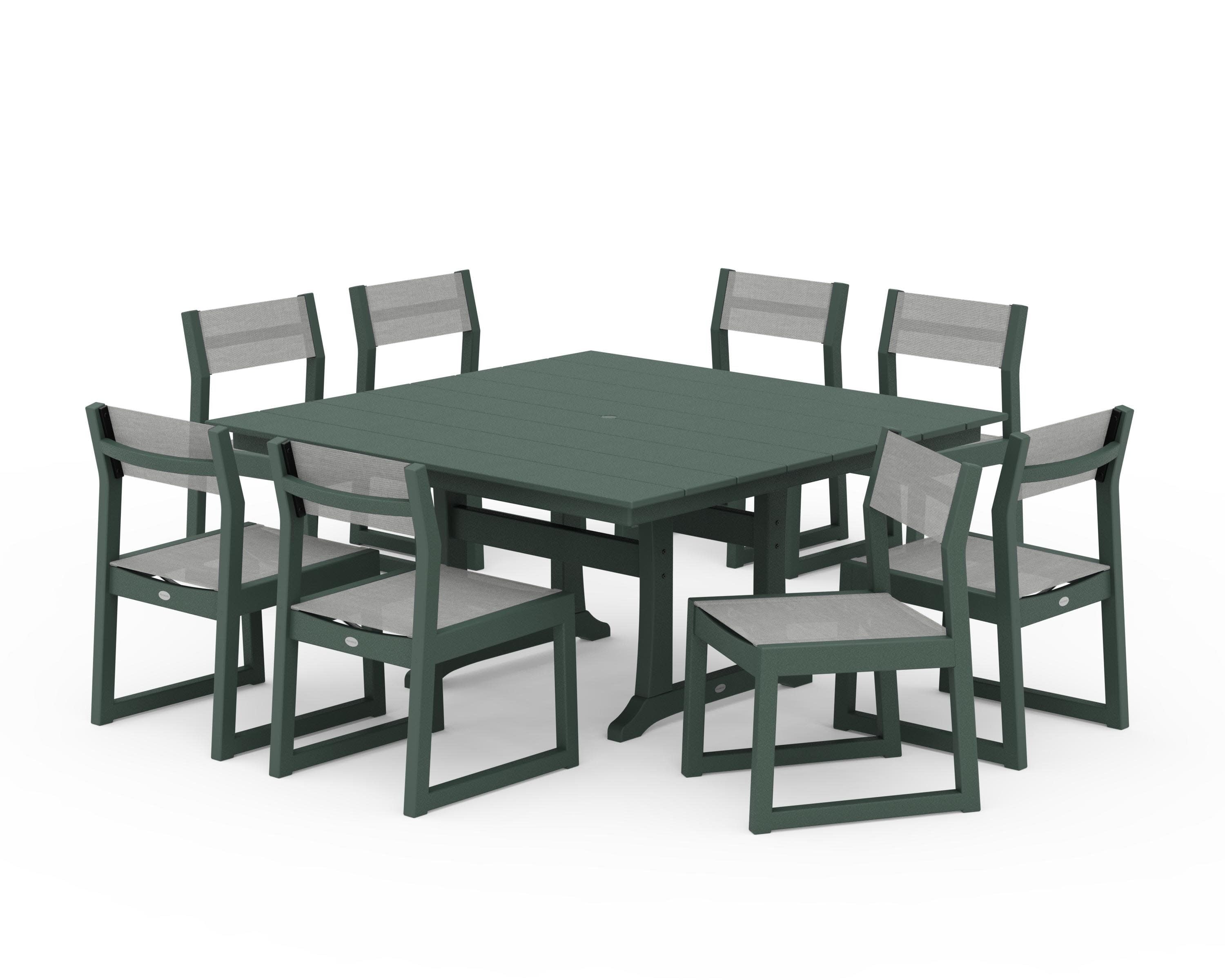 EDGE Sling Side Chair 9-Piece Farmhouse Trestle Dining Set in Green / Metallic Sling