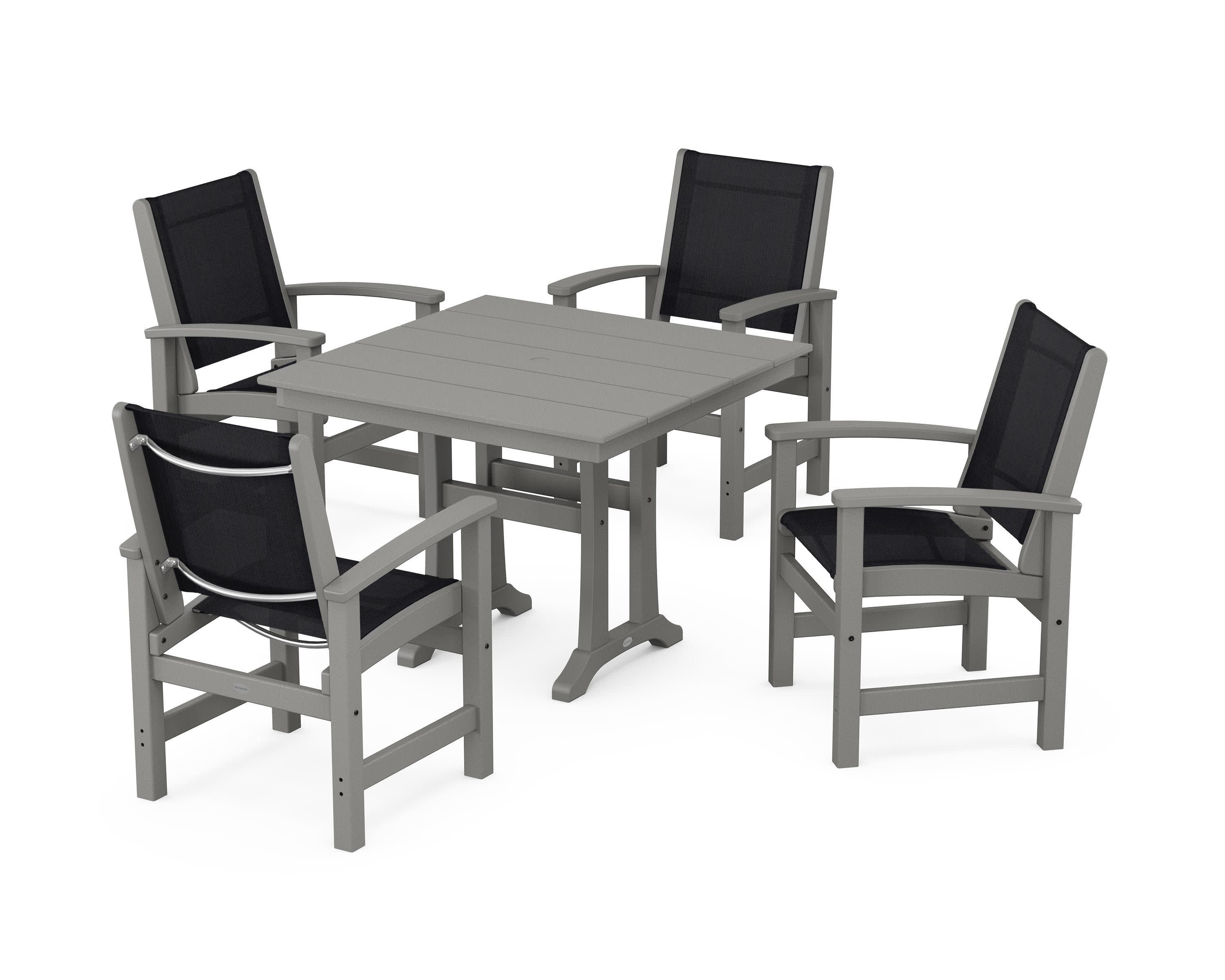 Coastal 5-Piece Farmhouse Dining Set With Trestle Legs in Slate Grey / Black Sling