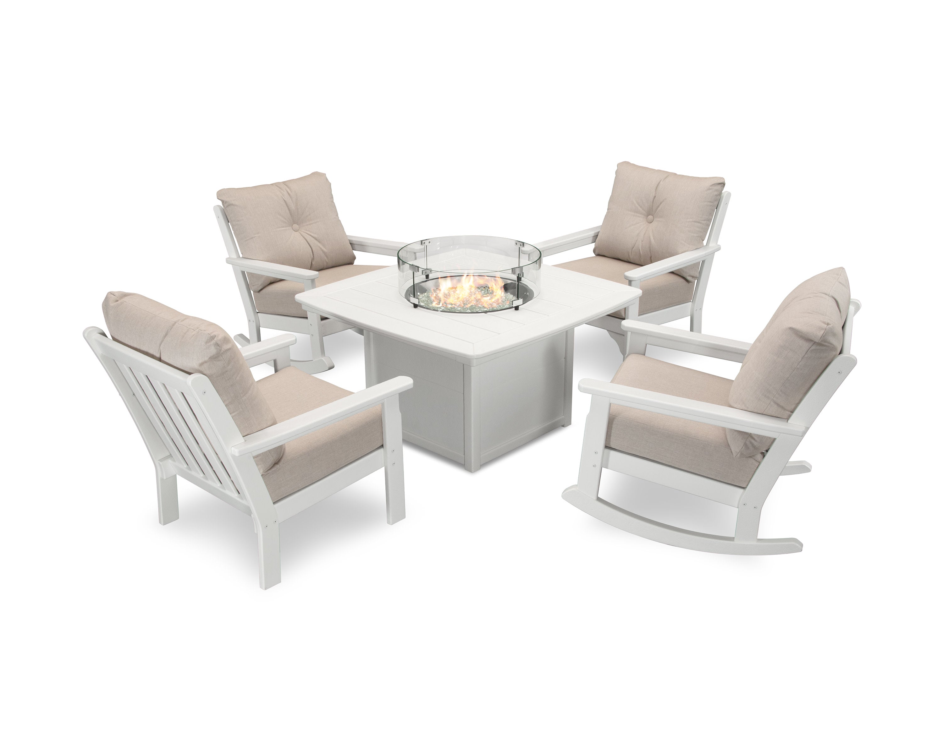Vineyard 5-Piece Deep Seating Rocking Chair Conversation Set with Fire Pit Table in White / Cast Ash