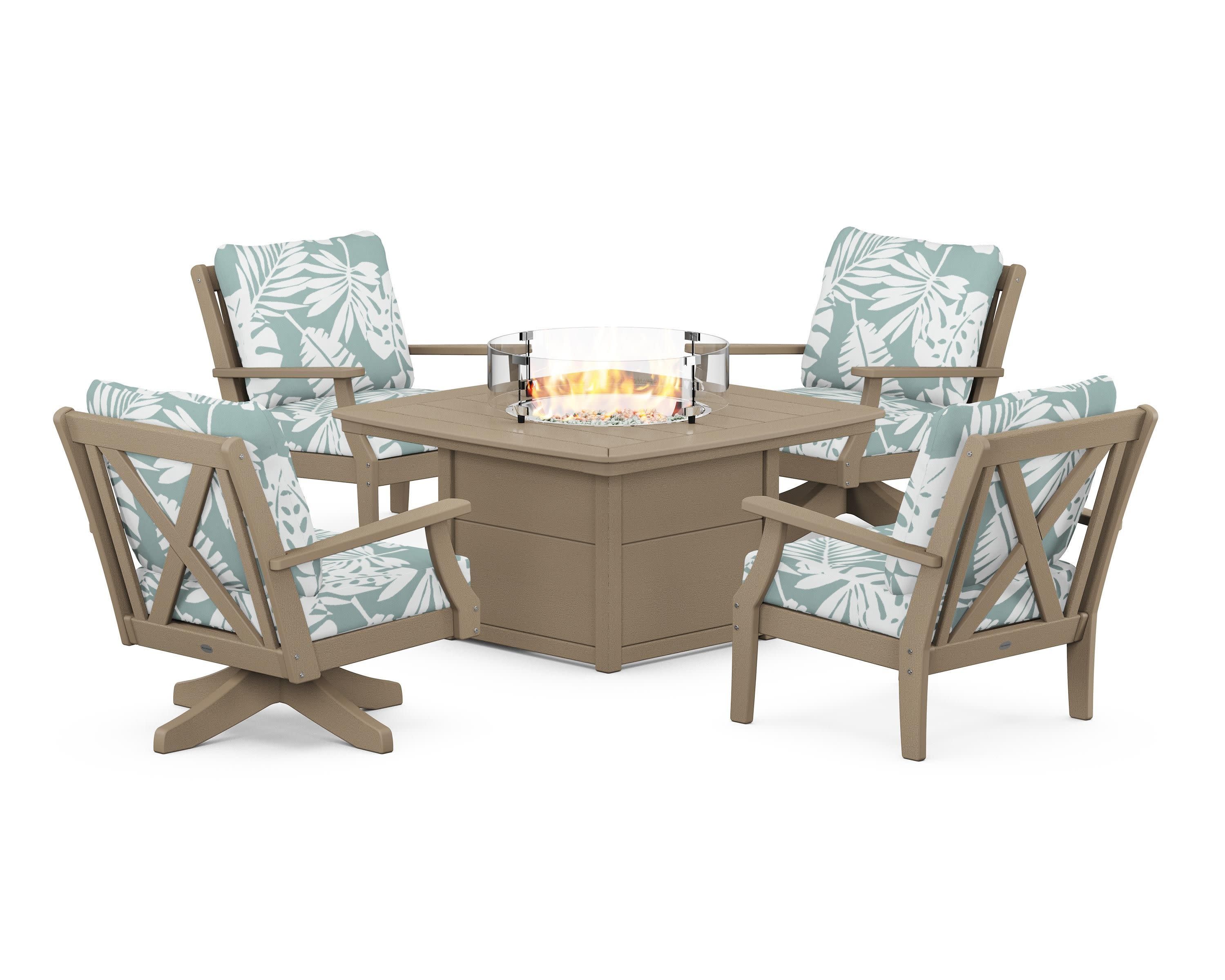 Braxton 5-Piece Deep Seating Set with Fire Table in Vintage Sahara / Leaf Glacier Spa