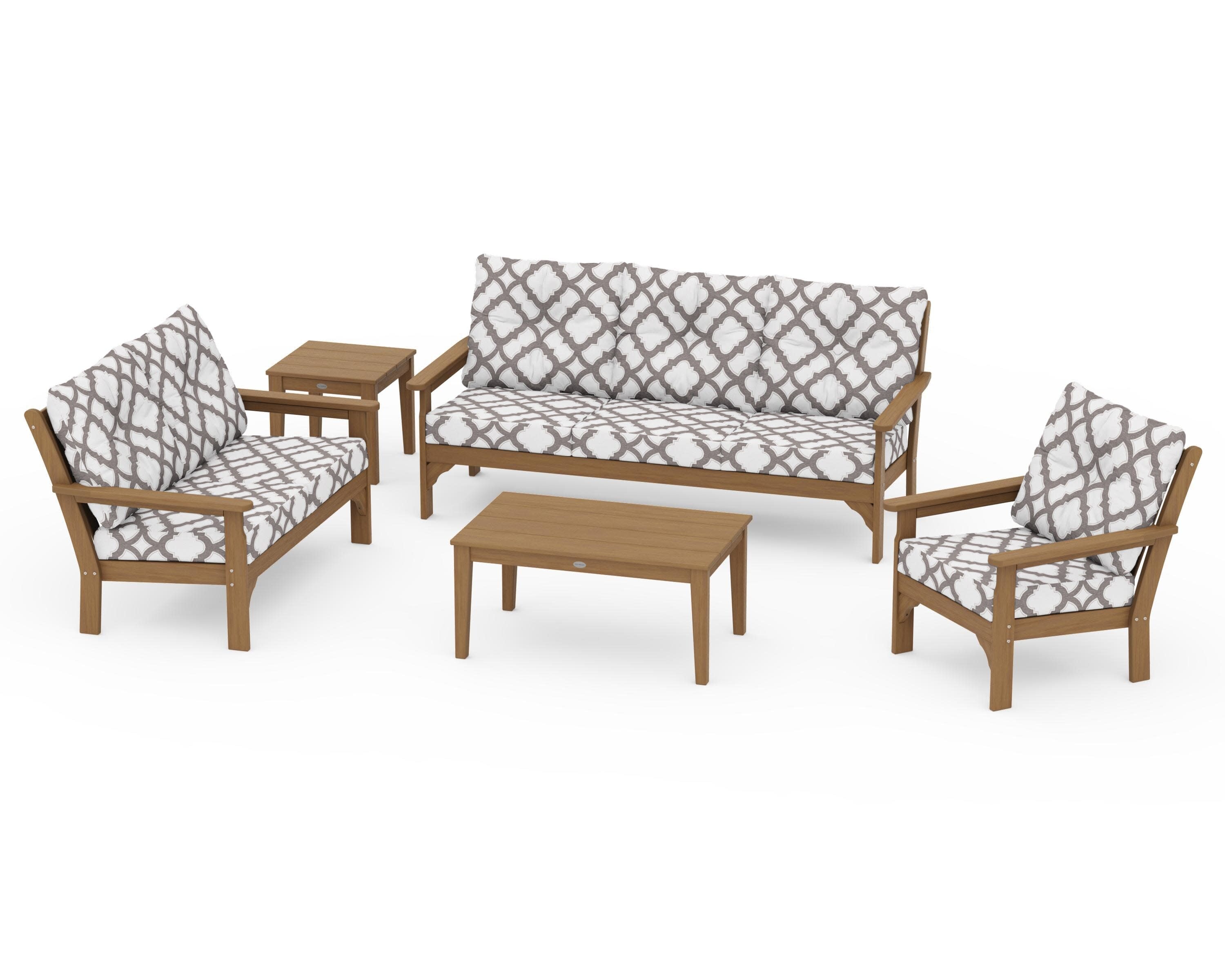 Vineyard 5 Piece Deep Seating Set in Natural / Trellis Grey Mist