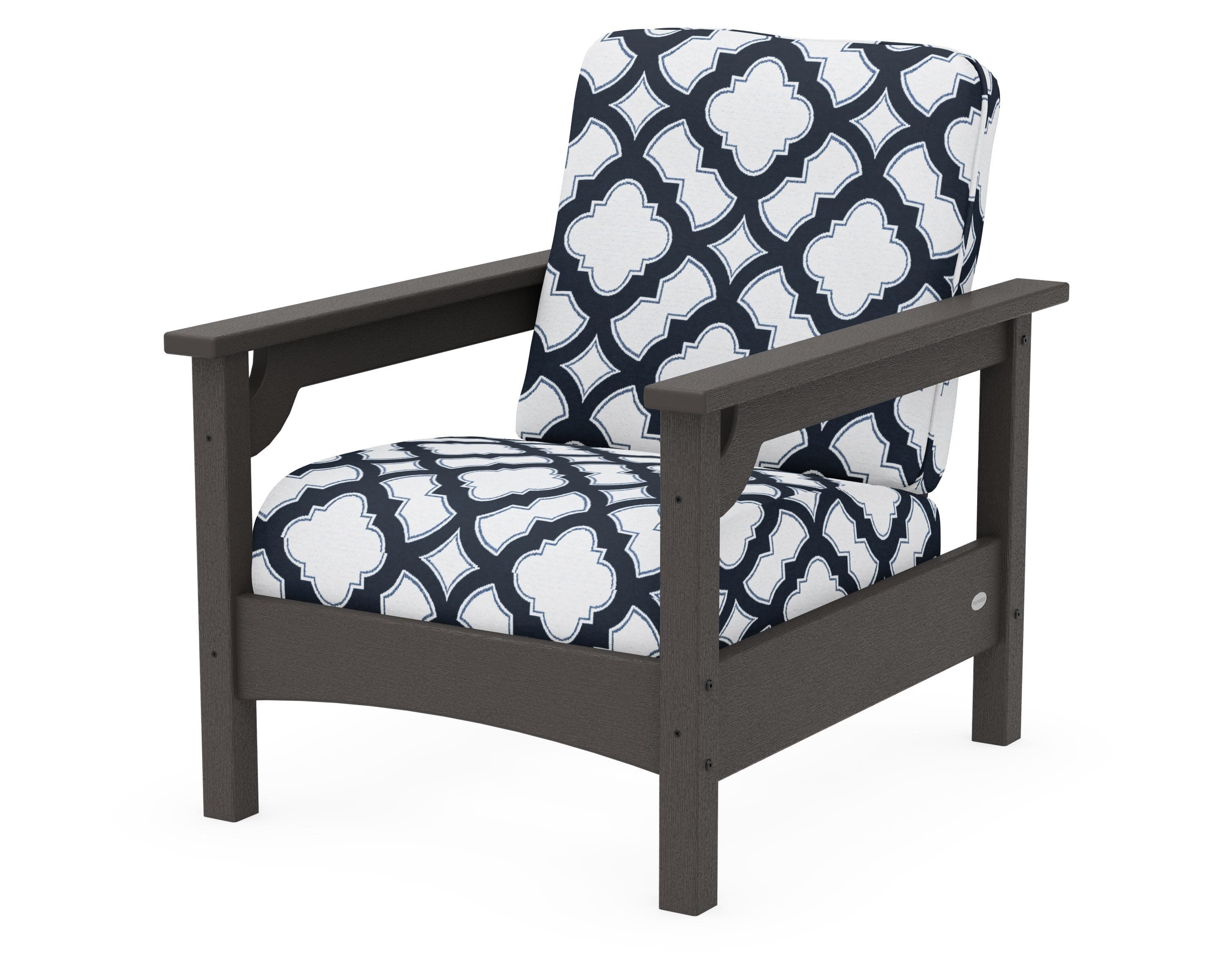 Club Chair in Vintage Coffee / Trellis Marine Indigo