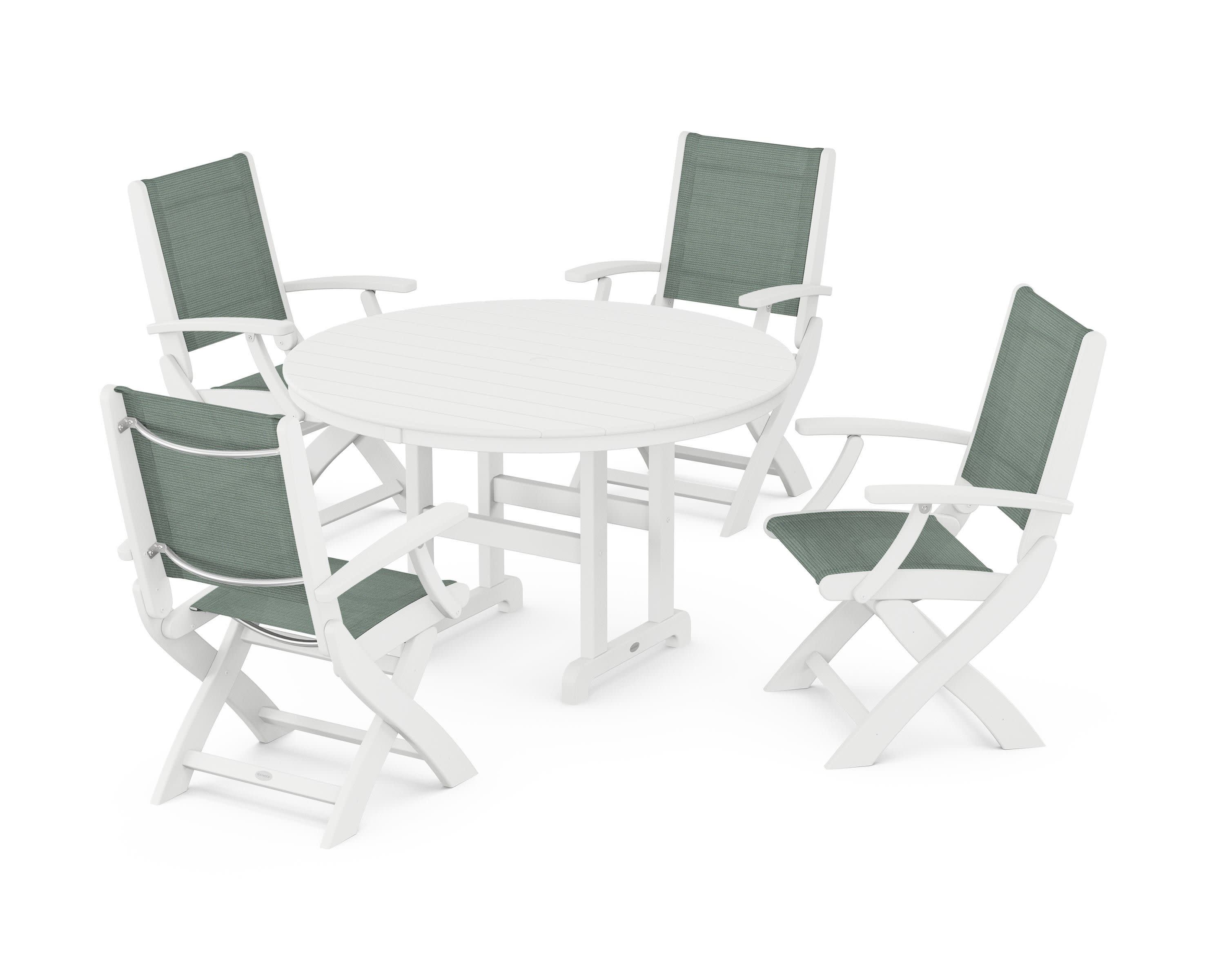 Coastal Folding Chair 5-Piece Round Dining Set in White / Dupioni Sea Mist Sling
