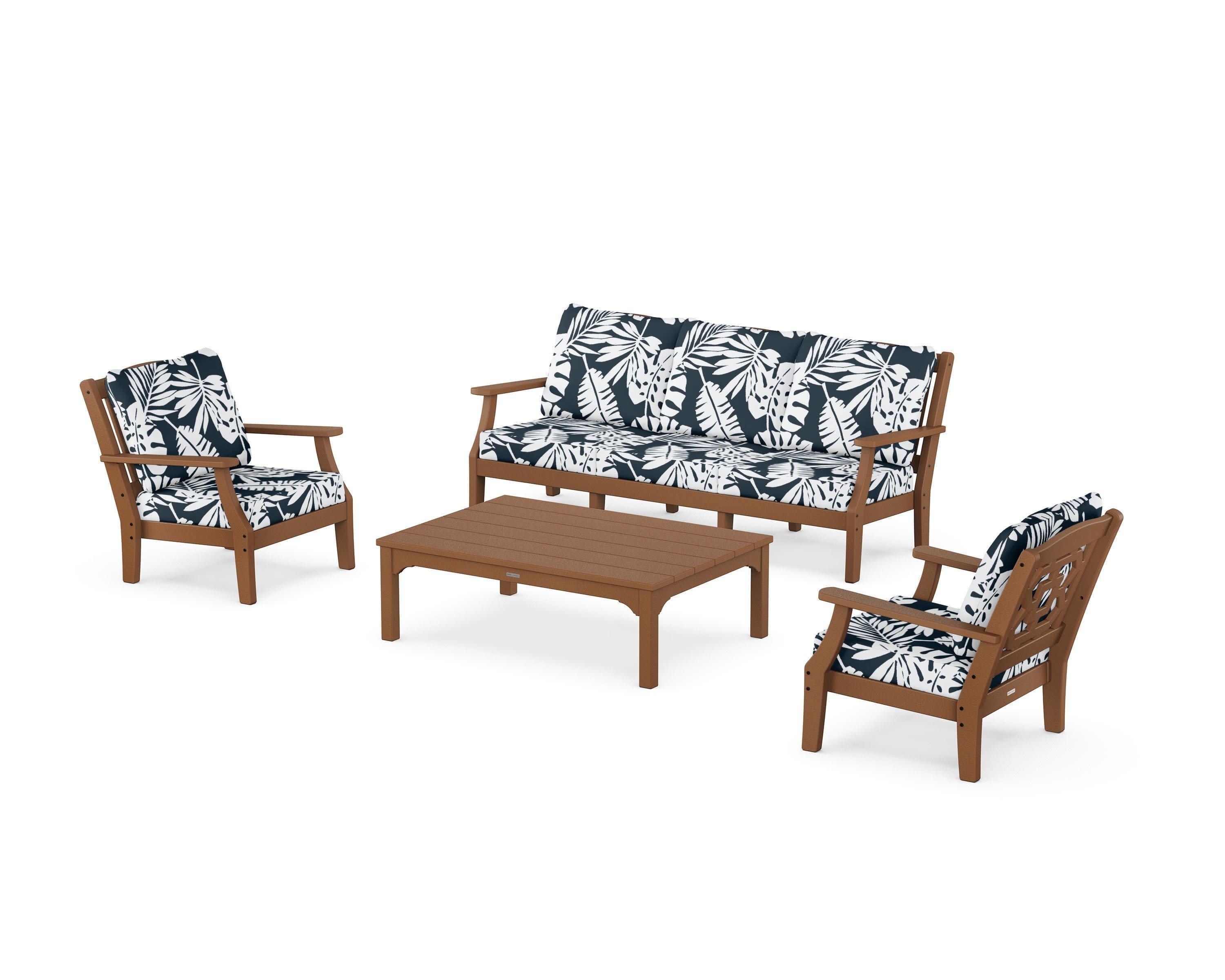 Chinoiserie 4-Piece Deep Seating Set with Sofa in Teak / Leaf Marine Indigo