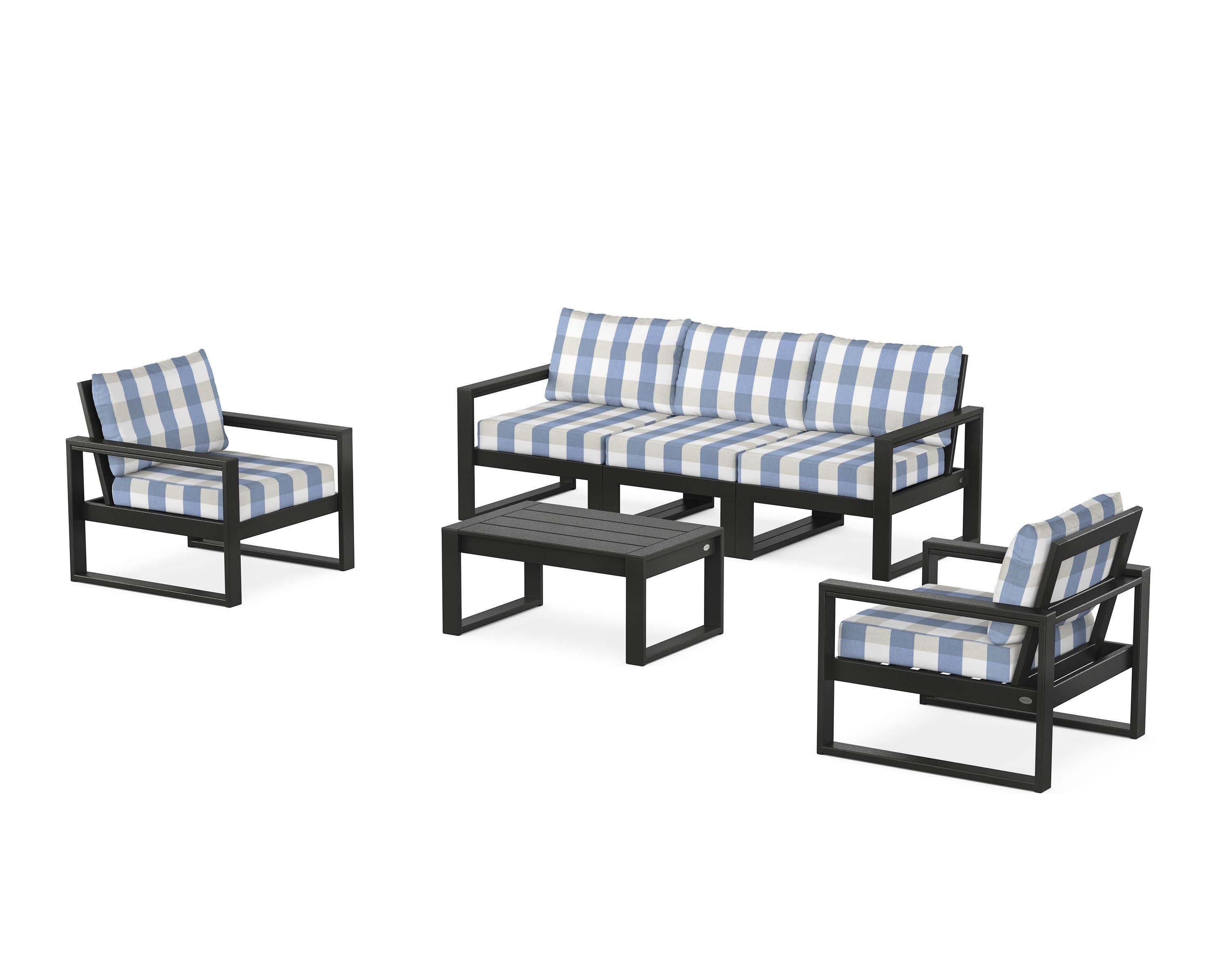 EDGE Sectional 4-Piece Deep Seating Set with Sofa in Black / Buffalo Plaid Sky Blue
