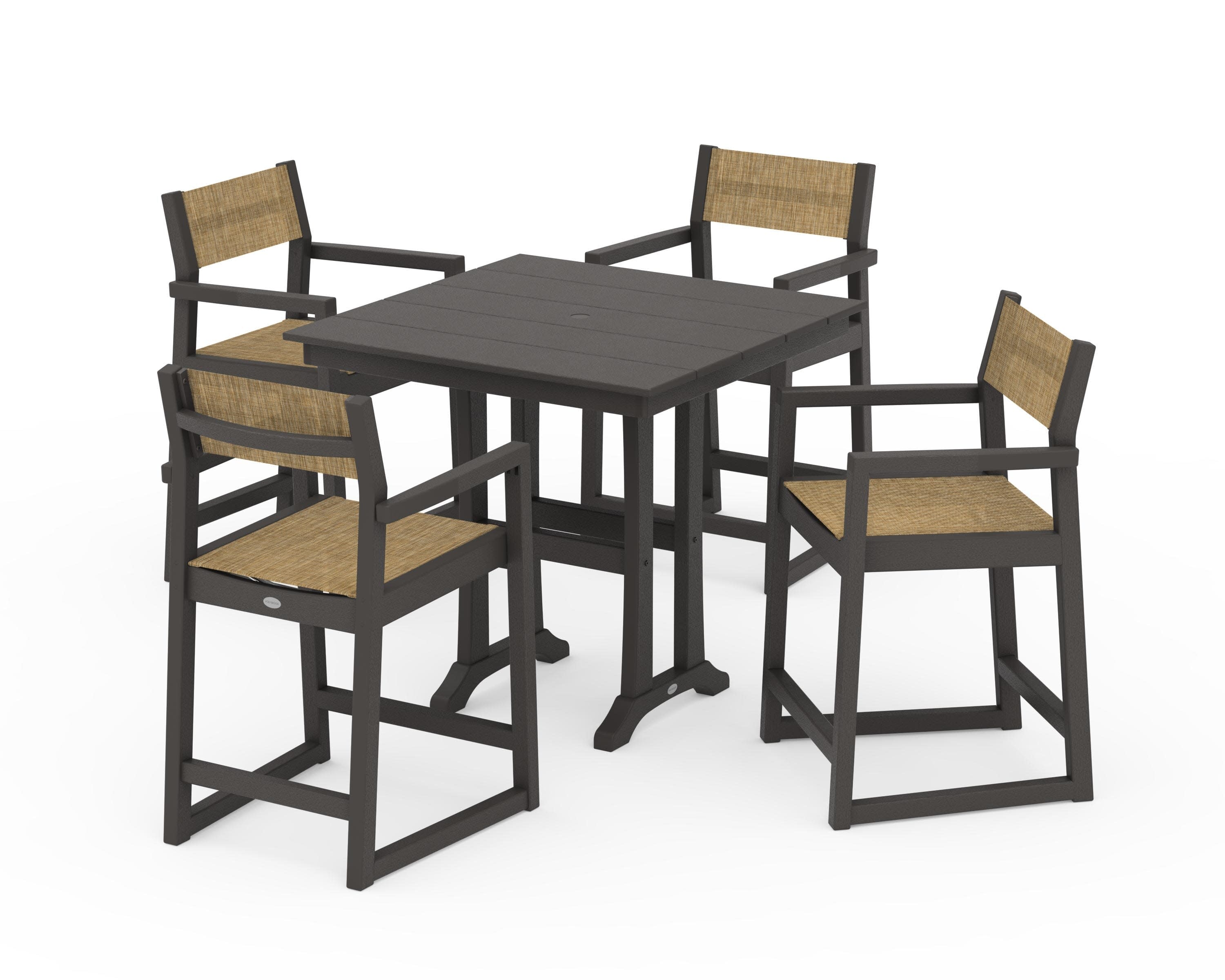 EDGE Sling Arm Chair 5-Piece Farmhouse Counter Set with Trestle Legs in Vintage Coffee / Burlap Sling