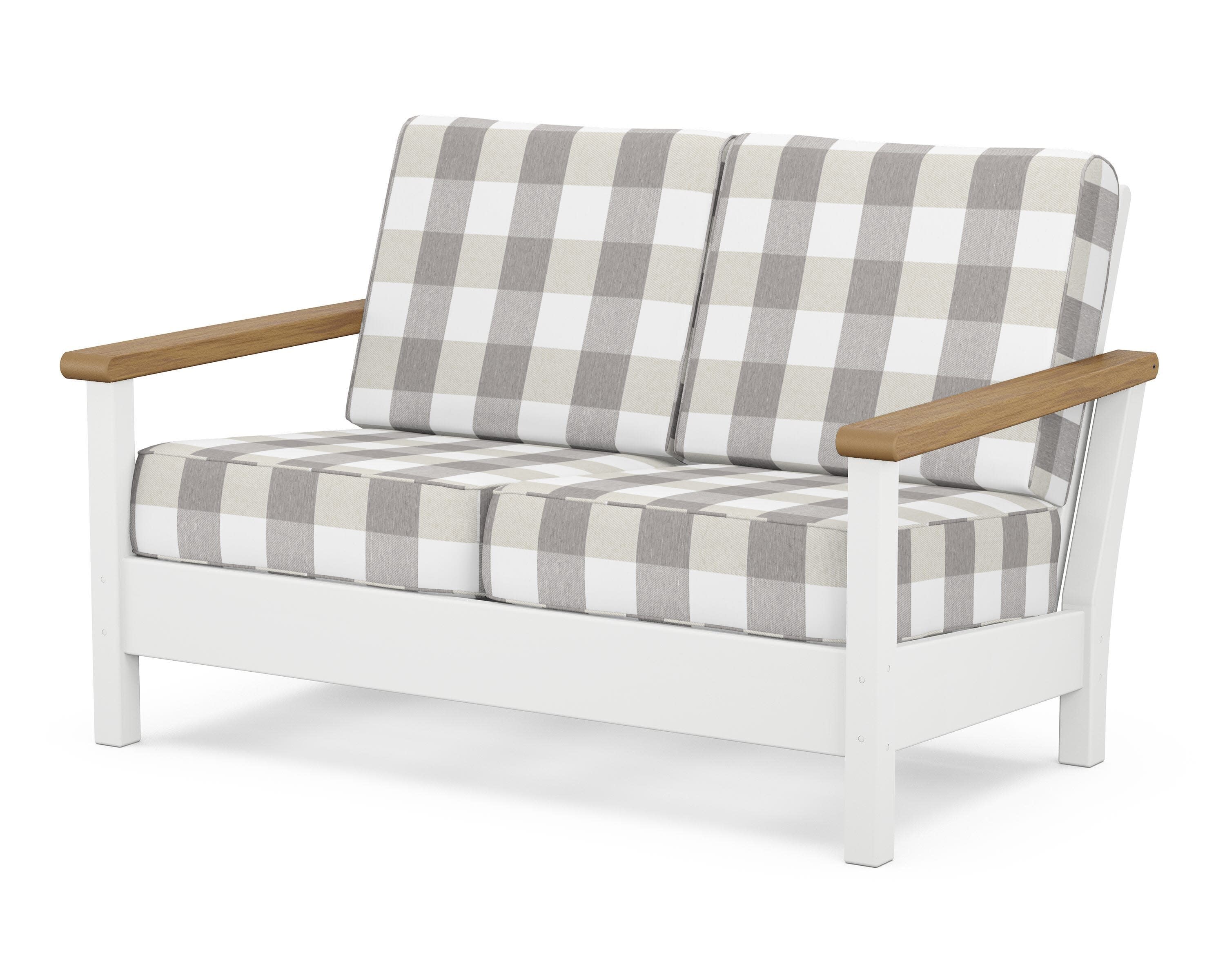 Harbour Deep Seating Loveseat in White / Natural / Buffalo Plaid Grey Mist