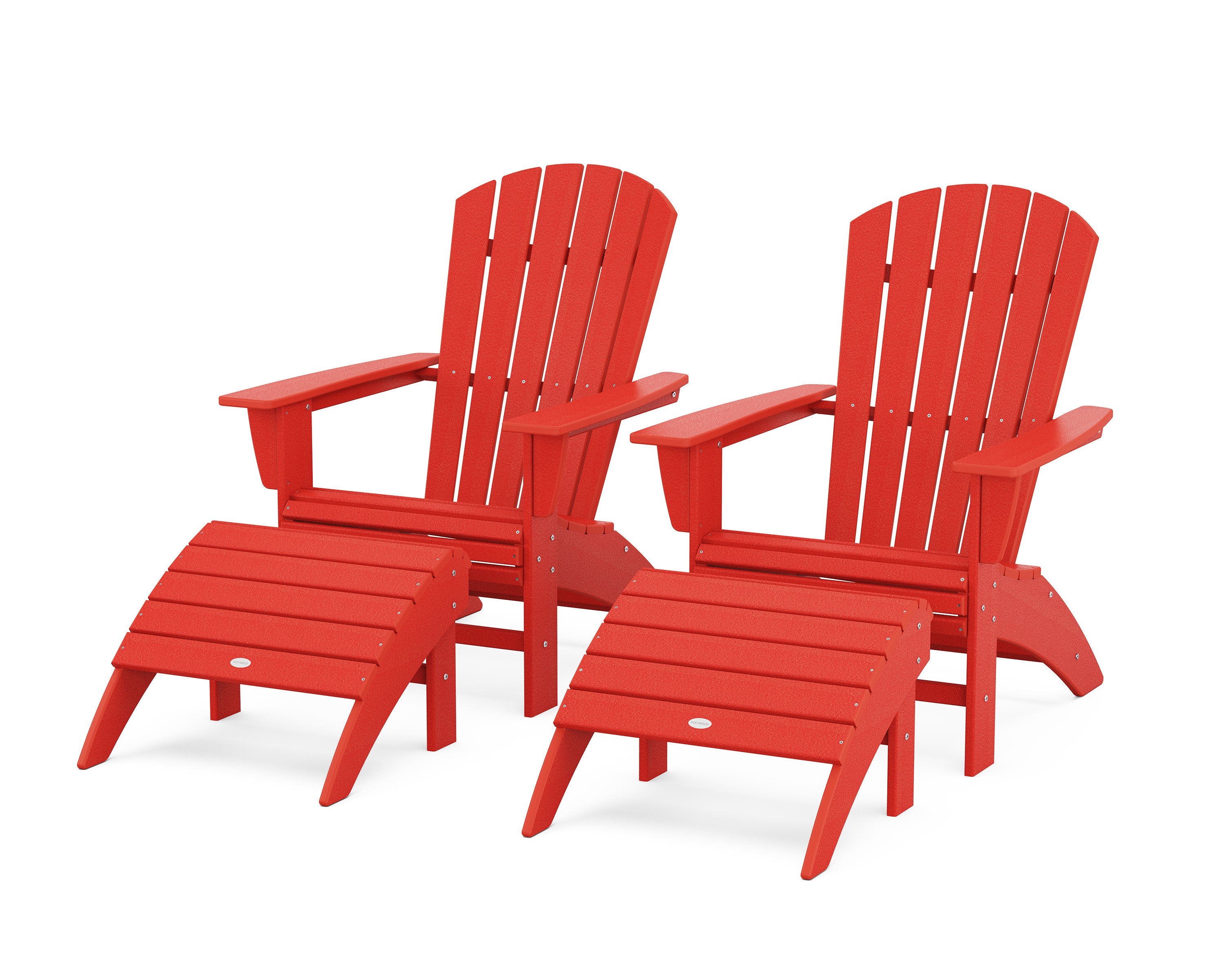 Nautical Curveback Adirondack Chair 4-Piece Set with Ottomans in Sunset Red