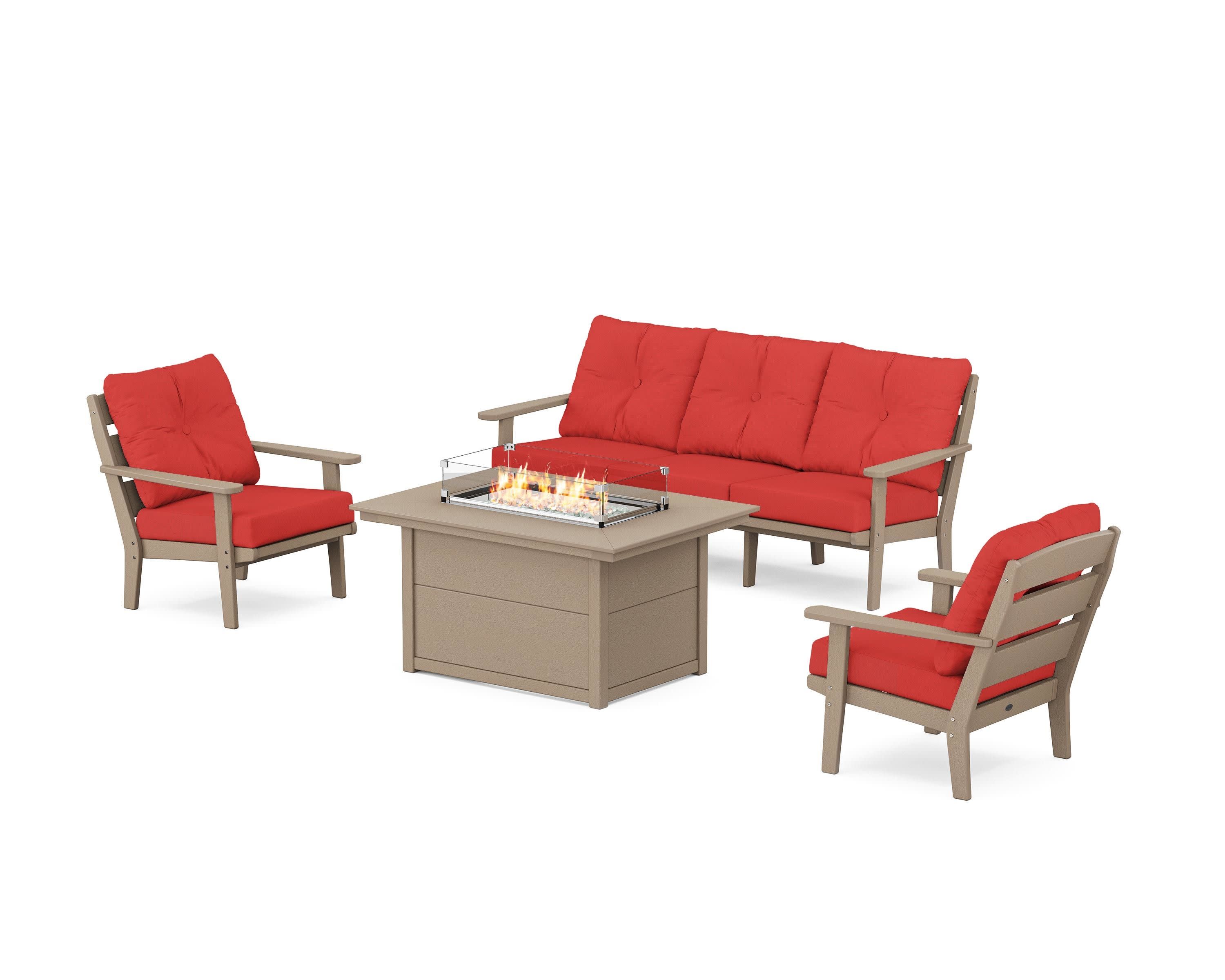 Lakeside Deep Seating Fire Pit Table Set in Vintage Sahara / Crimson Linen