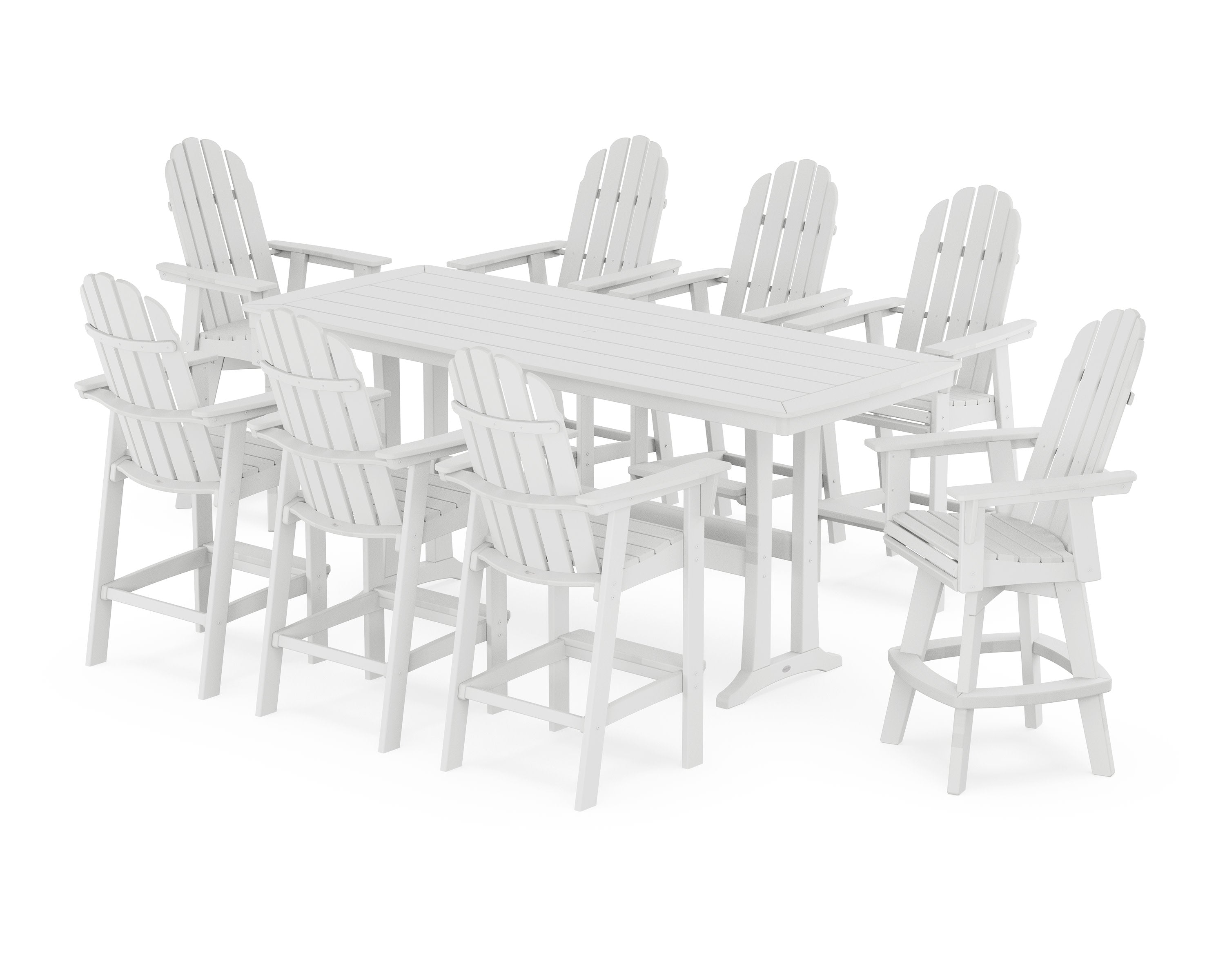 Vineyard Curveback Adirondack Swivel 9-Piece Bar Set with Trestle Legs in White