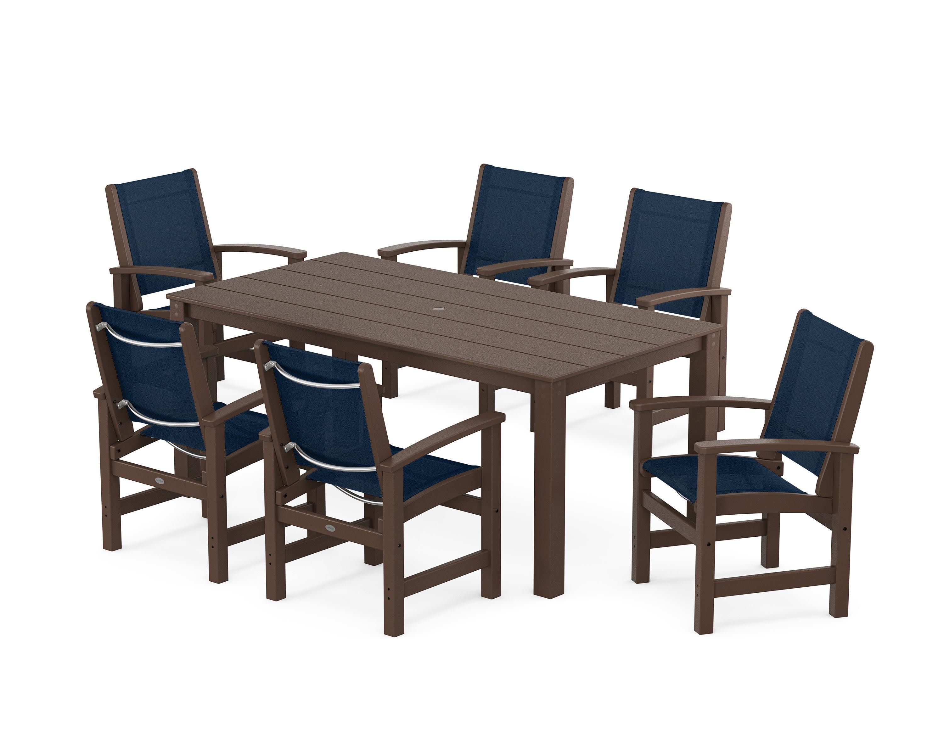 Coastal 7-Piece Parsons Dining Set in Mahogany / Navy Blue Sling