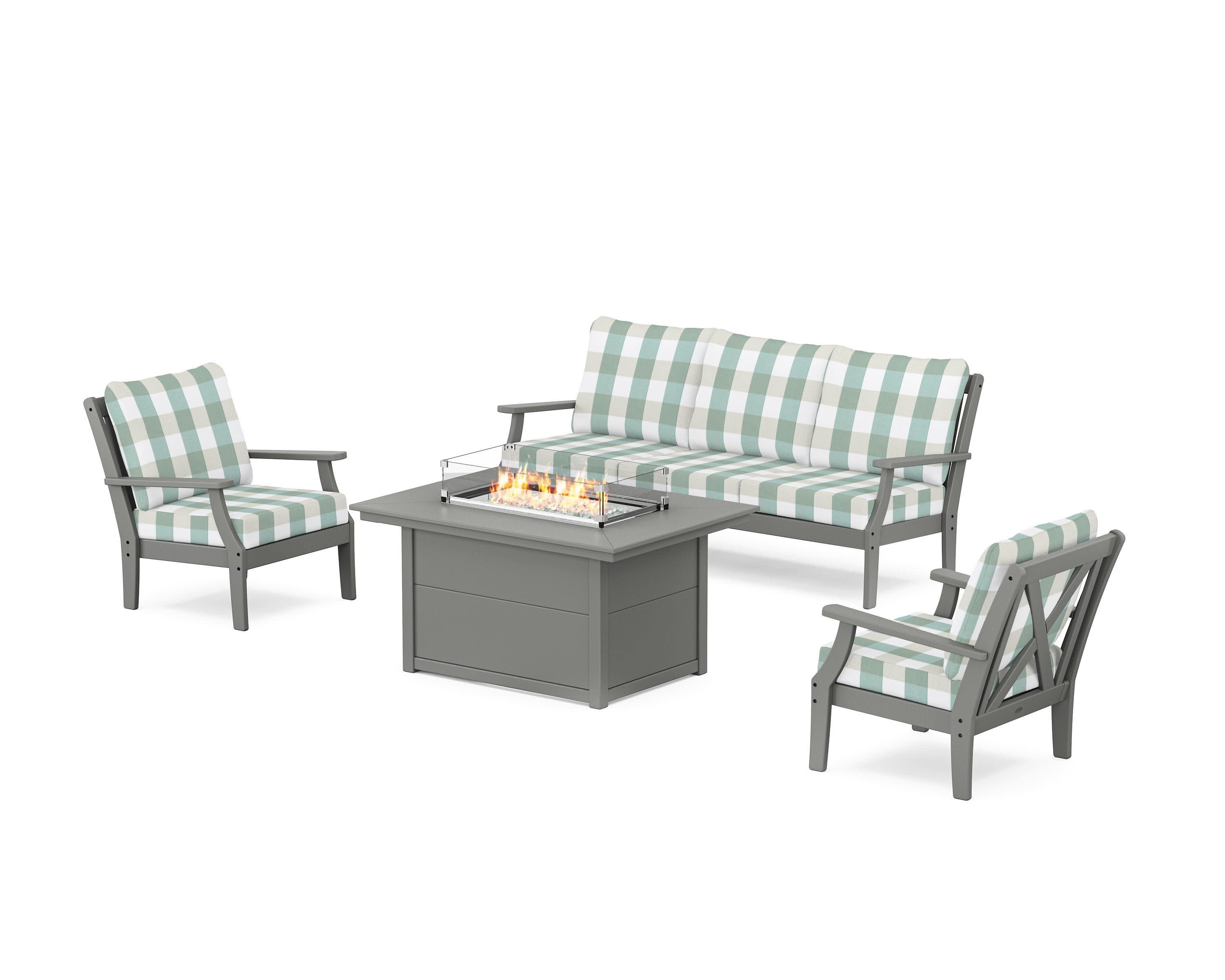Braxton Deep Seating Fire Pit Table Set in Slate Grey / Buffalo Plaid Glacier Spa
