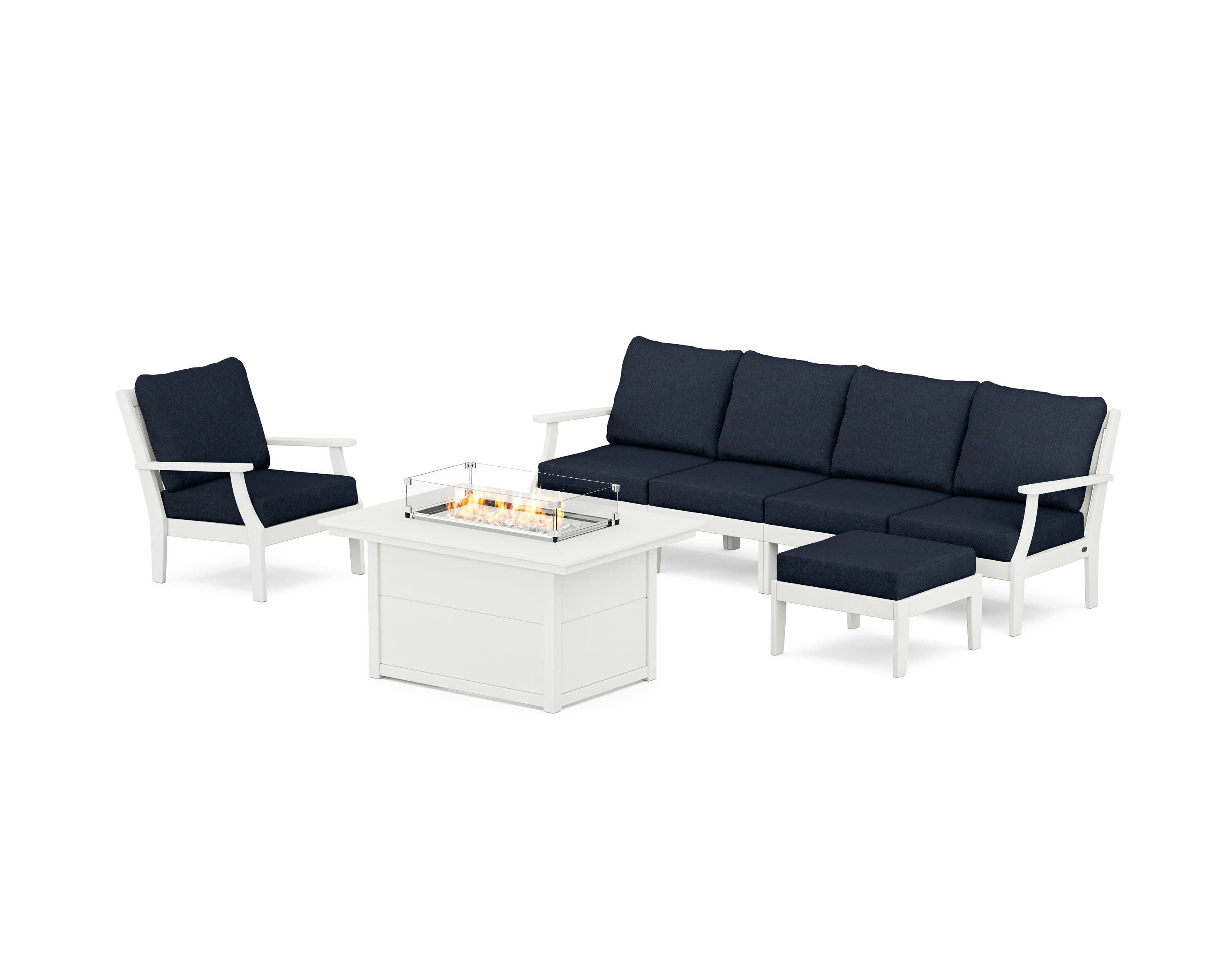 Braxton Sectional Lounge and Fire Pit Set in Vintage White / Marine Indigo