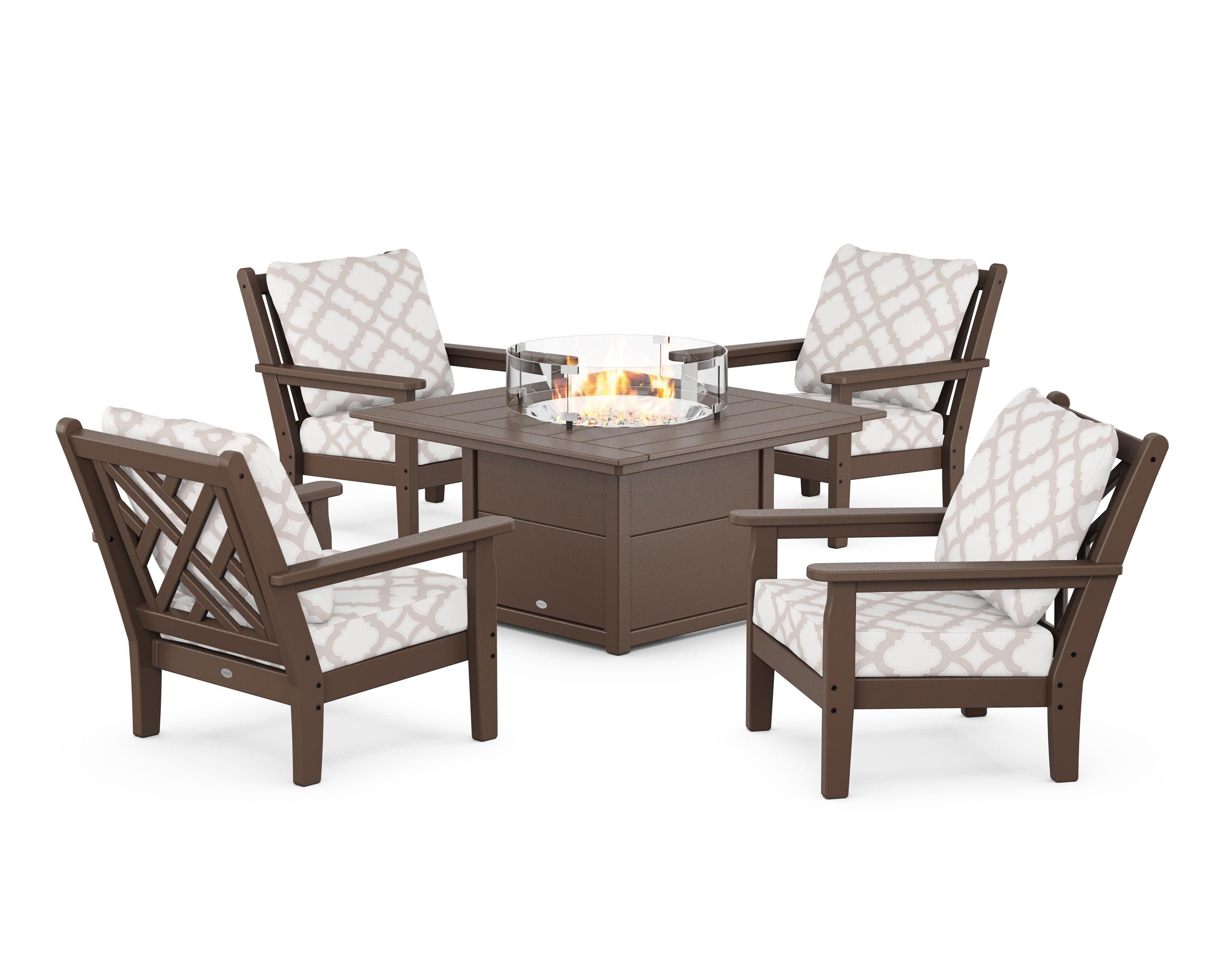 Chippendale 5-Piece Deep Seating Set with Fire Pit Table in Mahogany / Trellis Dune Burlap