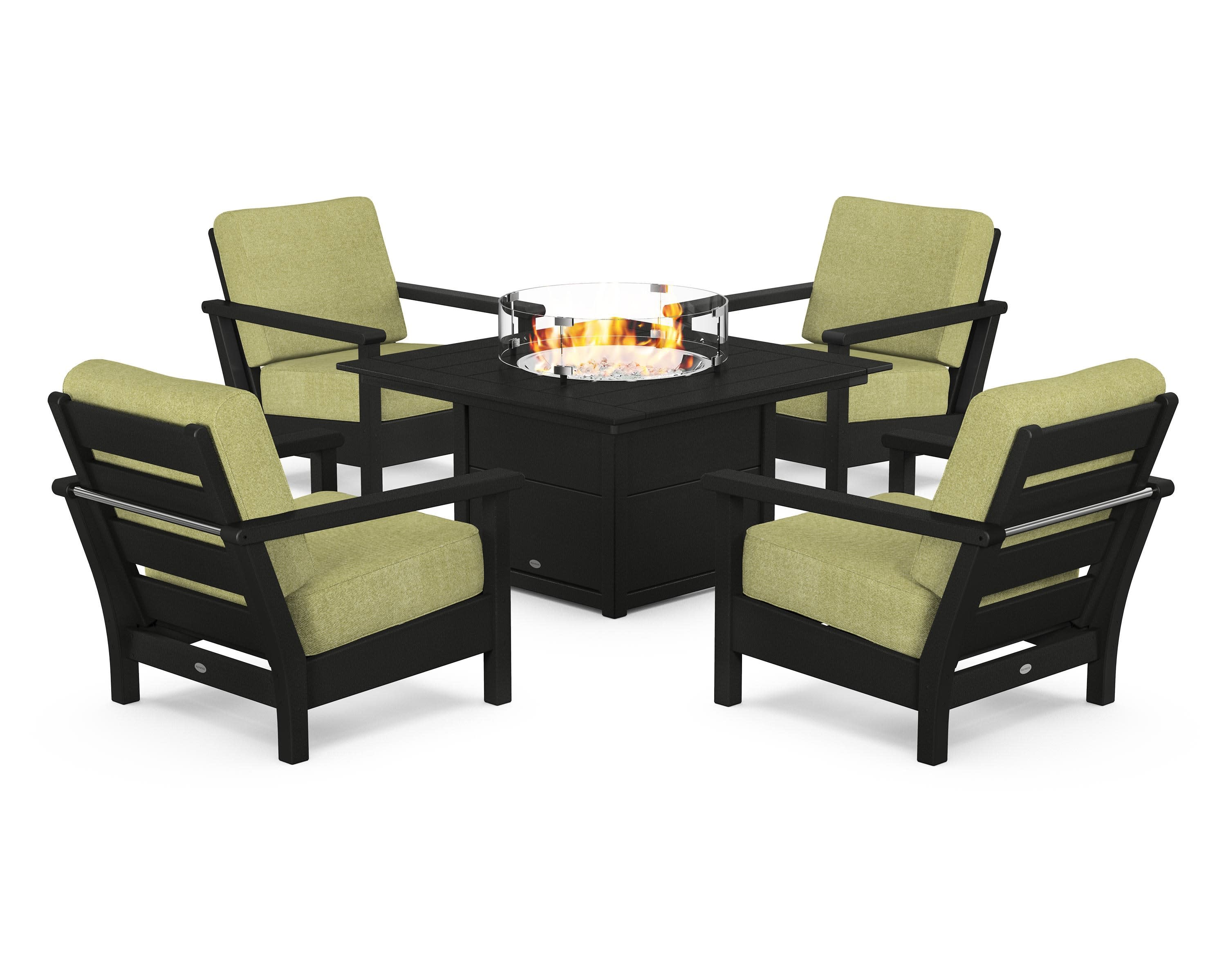Harbour 5-Piece Conversation Set with Fire Pit Table in Black / Chartreuse Boucle