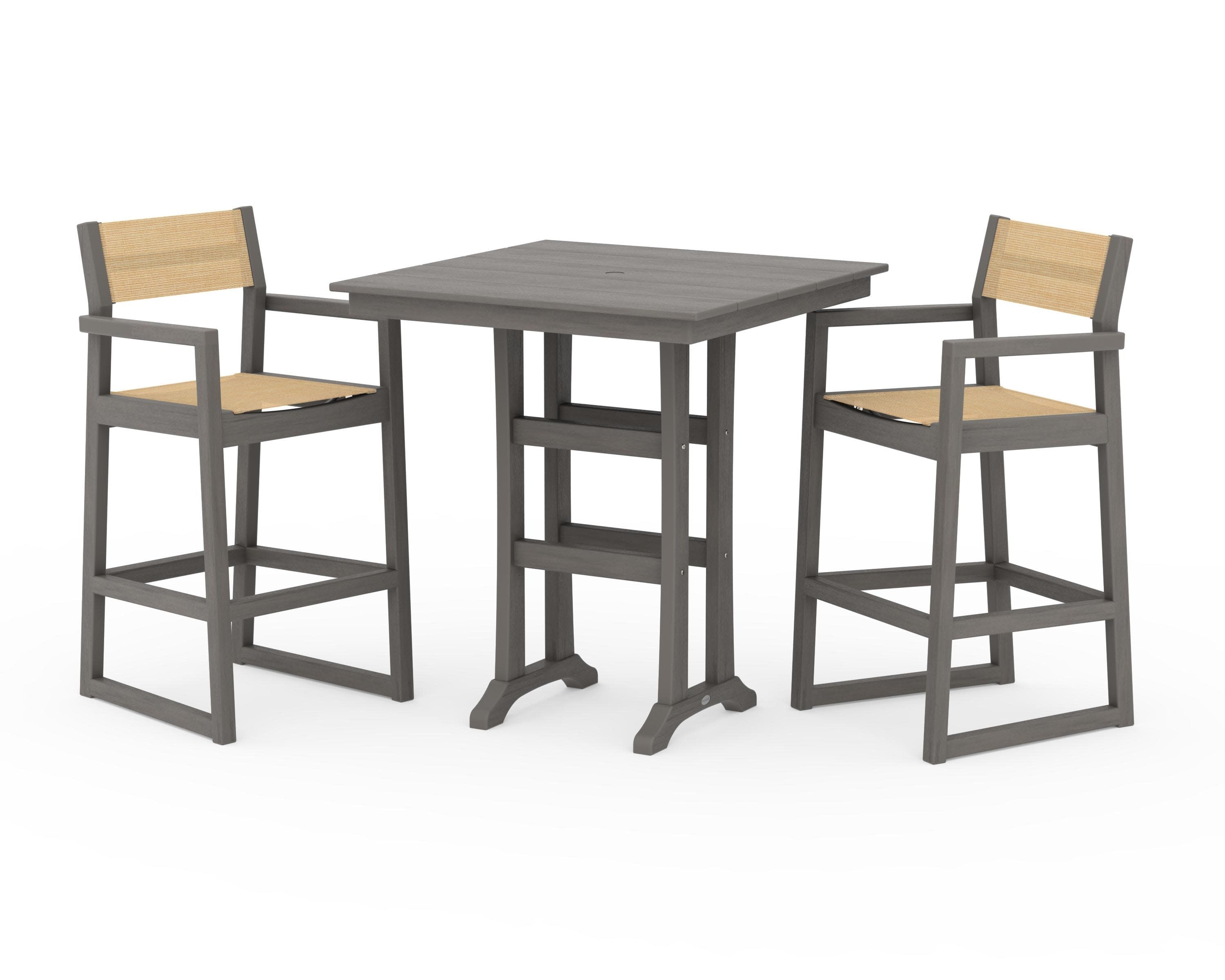 EDGE Sling Arm Chair 3-Piece Farmhouse Bar Set with Trestle Legs in Driftwood / Dupioni Apricot Sling