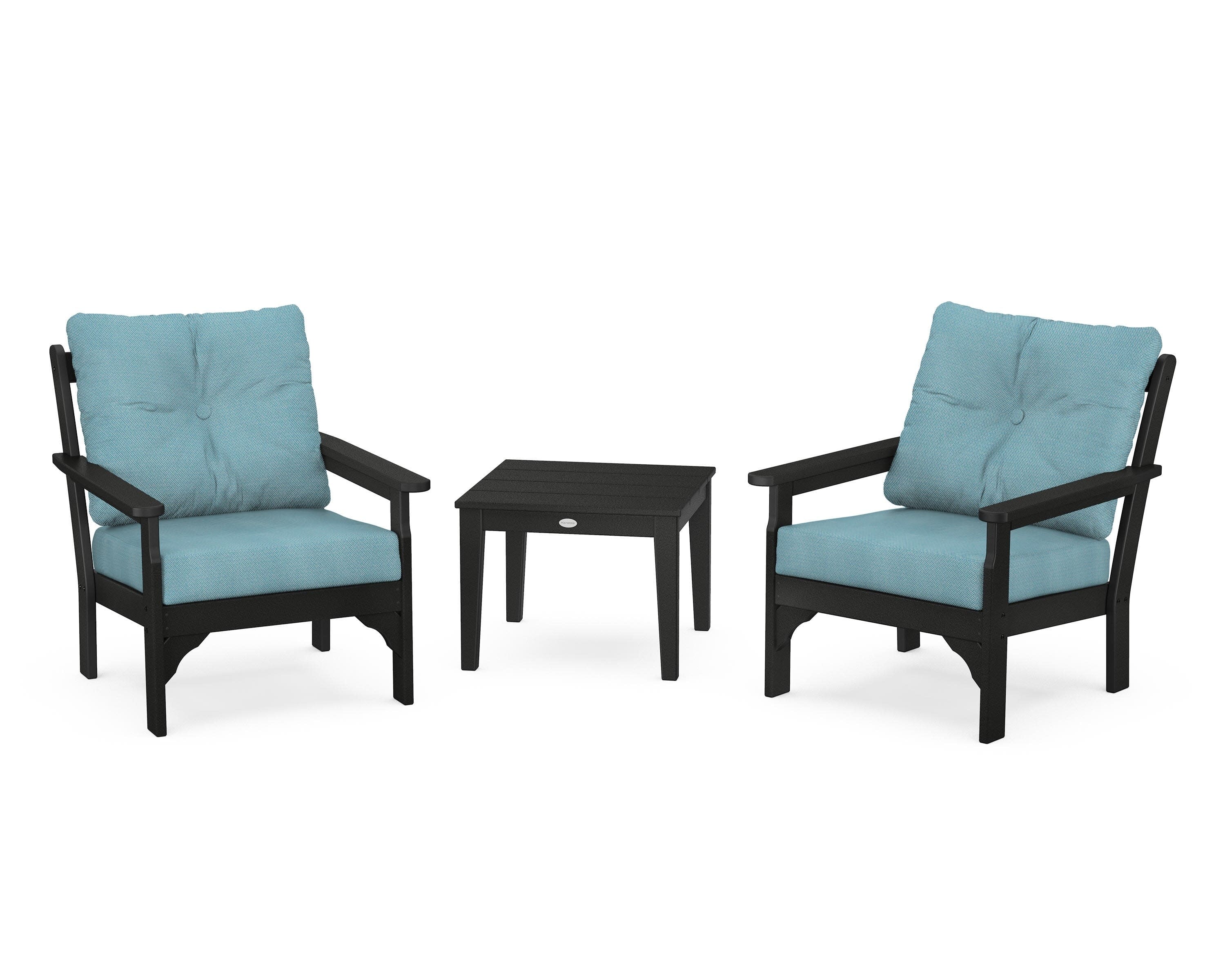 Vineyard 3-Piece Deep Seating Set in Black / Lattice Sky Blue