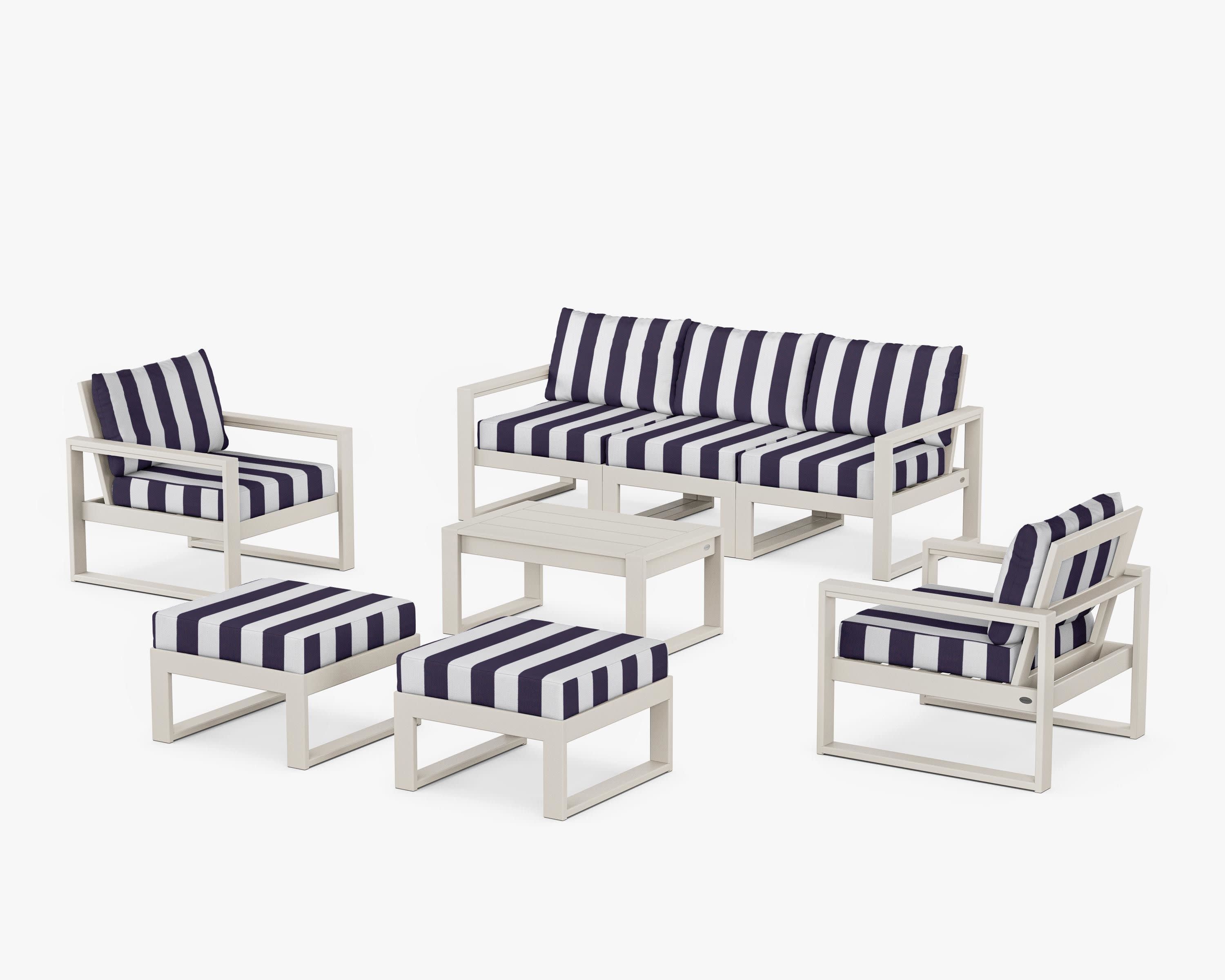 EDGE Sectional 8-Piece Lounge Sofa Set in Sand / Cabana Stripe Navy