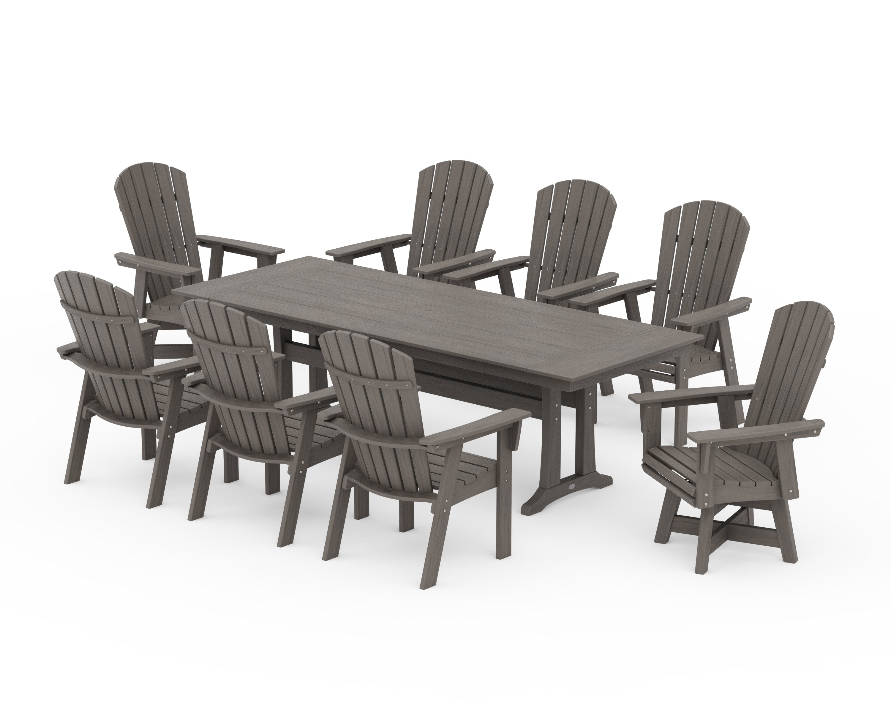 Nautical Curveback Adirondack Swivel 9-Piece Farmhouse Dining Set with Trestle Legs in Driftwood