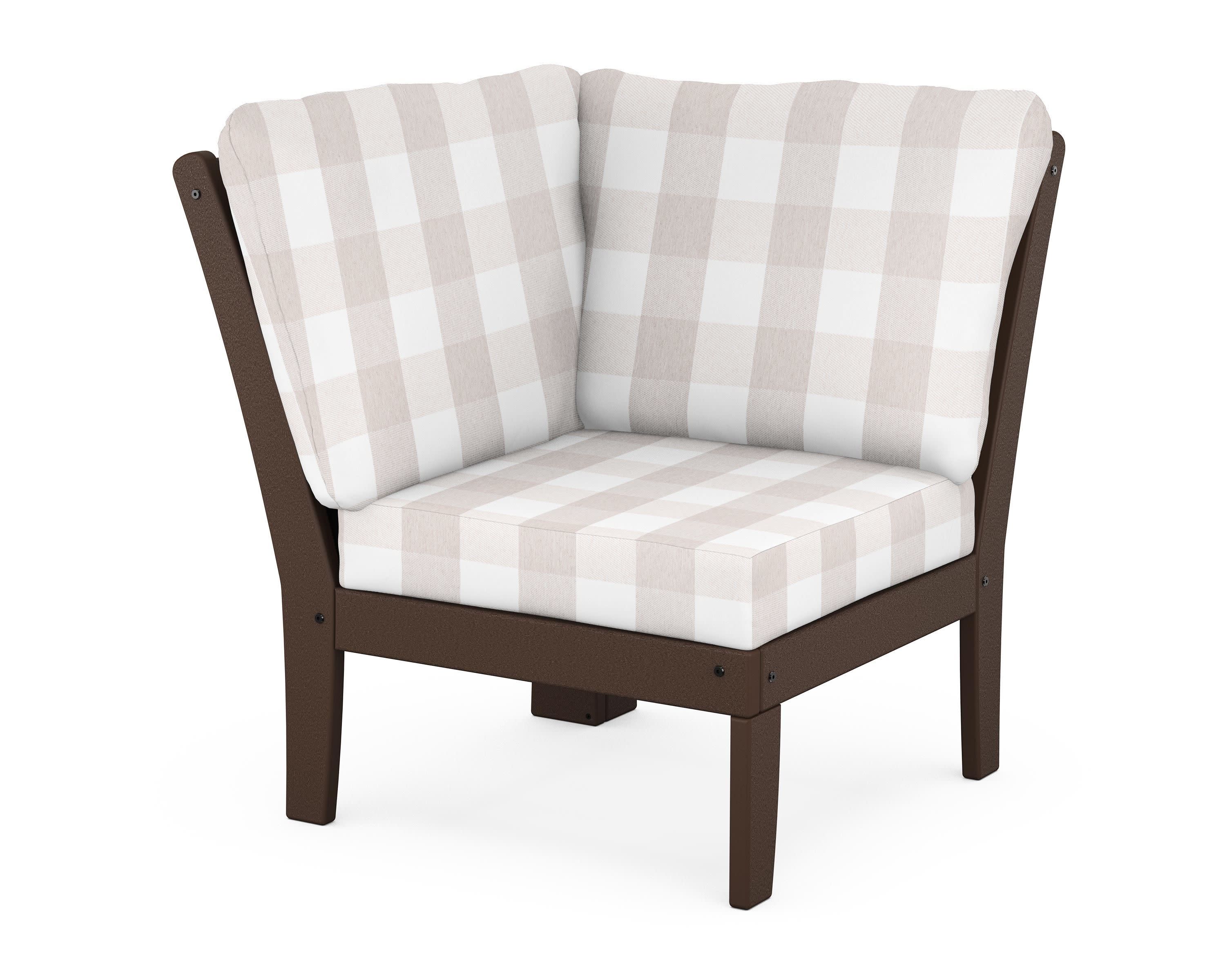 Braxton Modular Corner Chair in Mahogany / Buffalo Plaid Dune Burlap