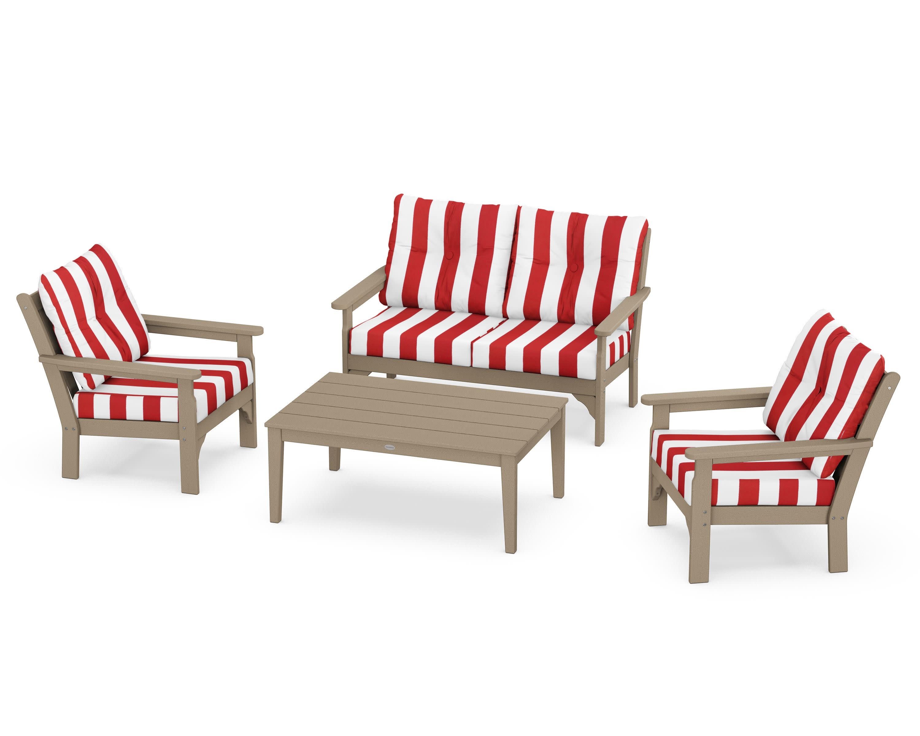 Vineyard 4-Piece Deep Seating Set in Vintage Sahara / Cabana Stripe Crimson