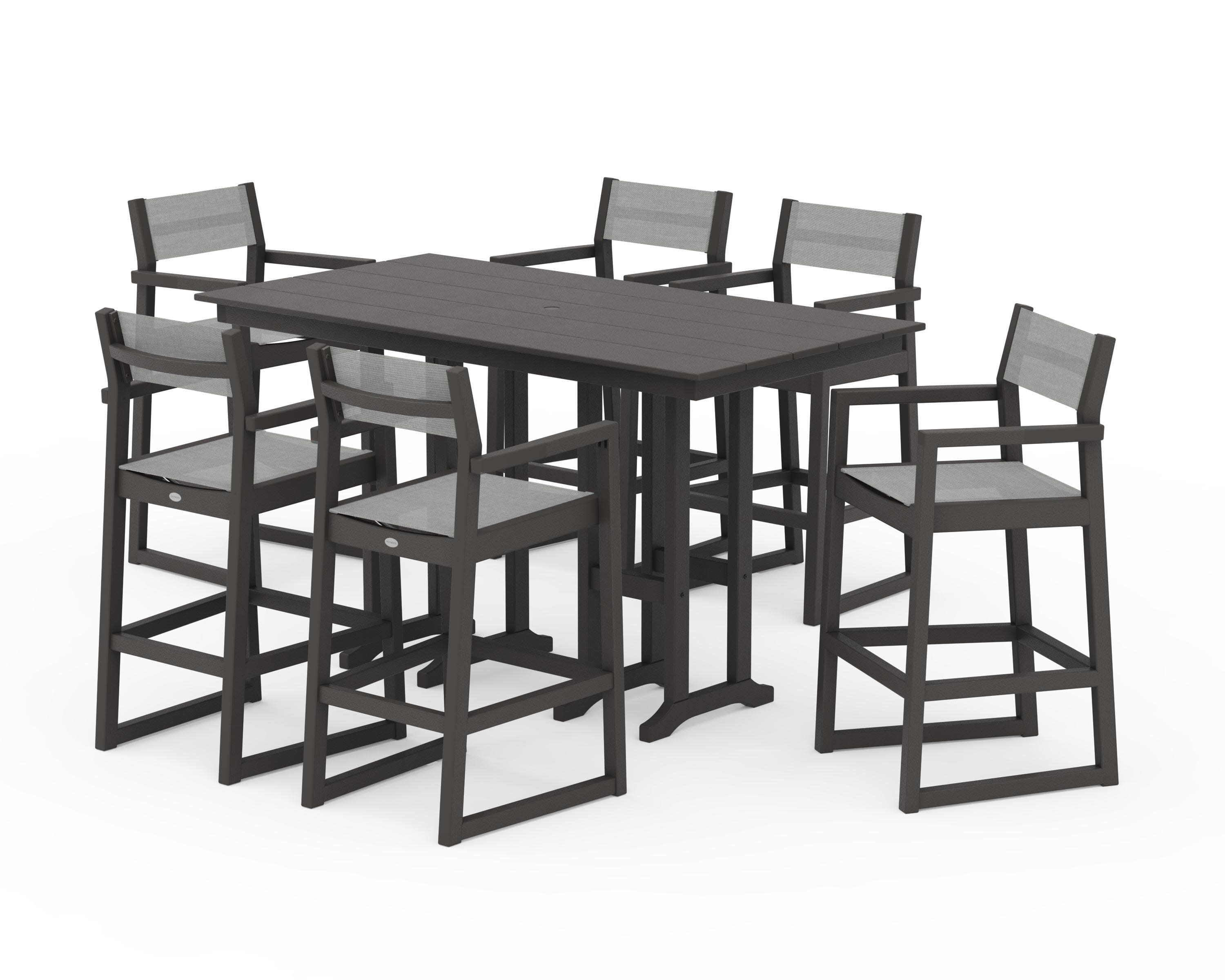 EDGE Sling Arm Chair 7-Piece Farmhouse Bar Set in Vintage Coffee / Metallic Sling