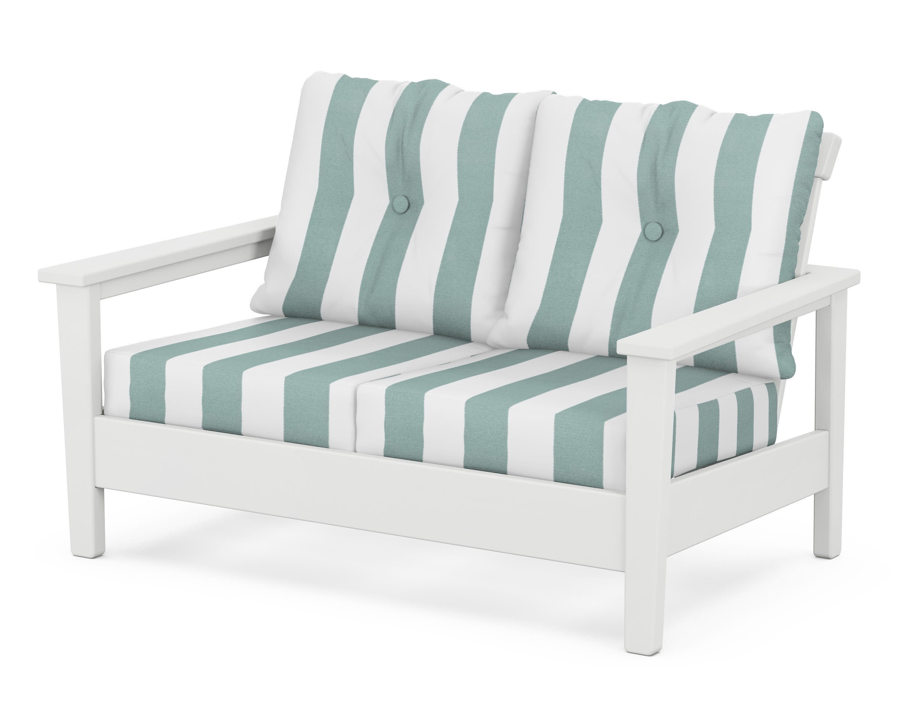 Prescott Deep Seating Loveseat in White / Cabana Stripe Glacier Spa