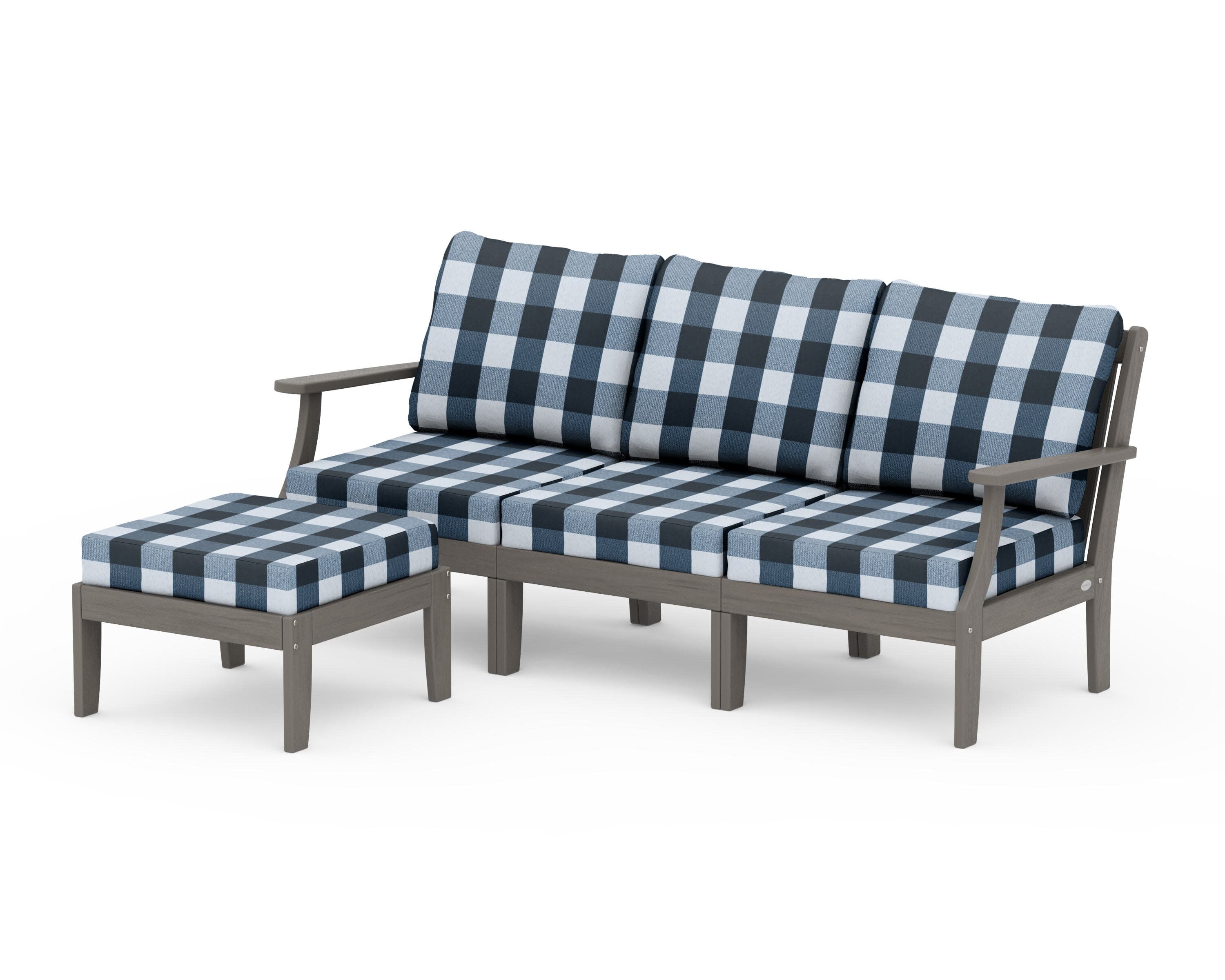 Braxton Modular 4-Piece Deep Seating Set with Ottoman in Driftwood / Buffalo Plaid Marine Indigo