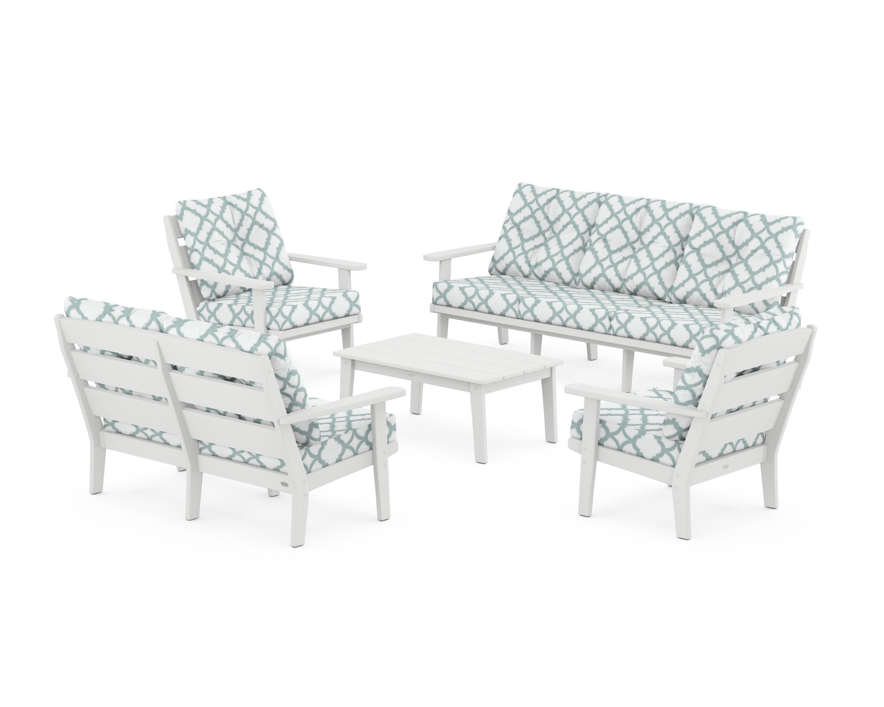 Lakeside 5-Piece Lounge Sofa Set in White / Trellis Glacier Spa