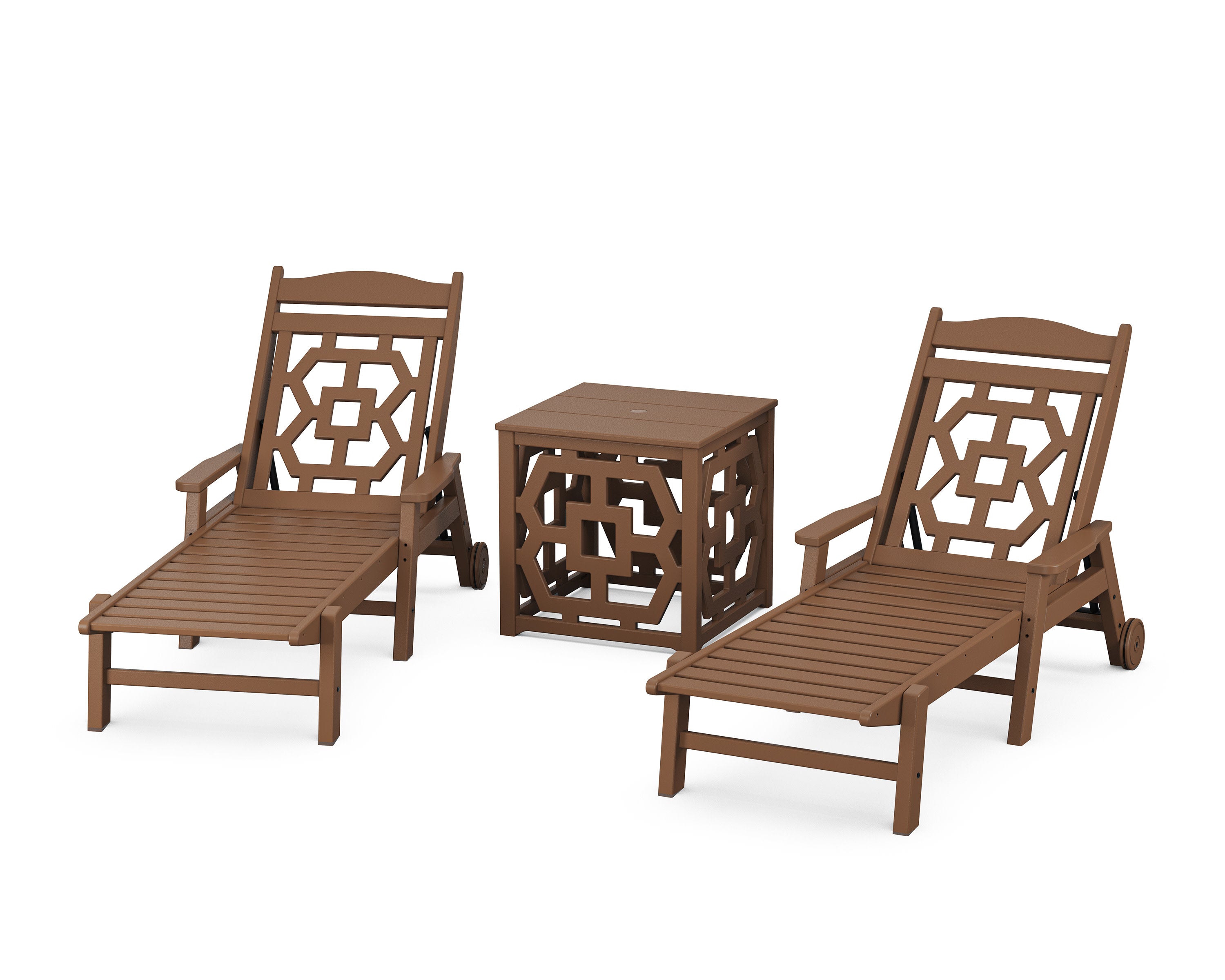 Chinoiserie 3-Piece Chaise Set with Umbrella Stand Accent Table in Teak
