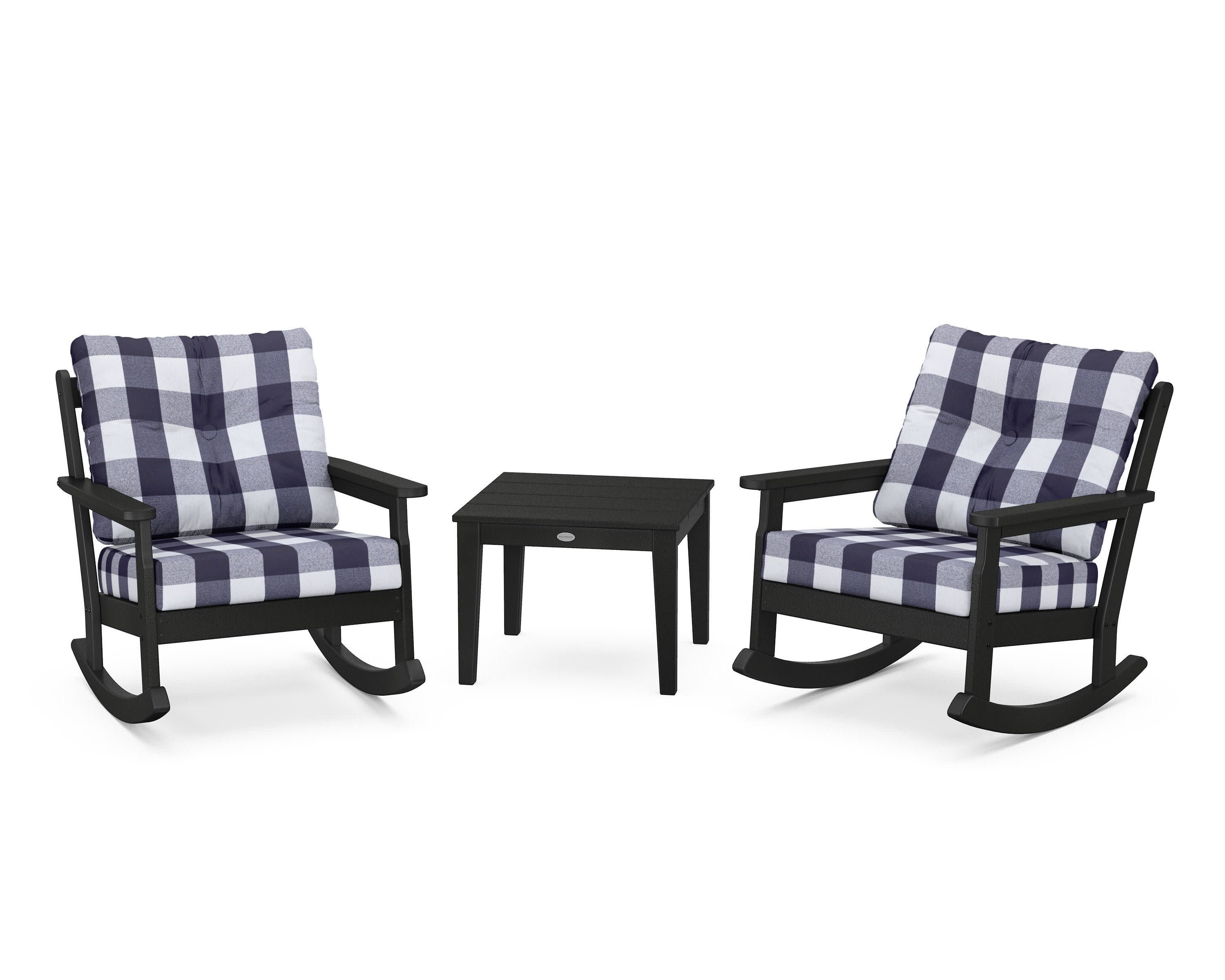 Vineyard 3-Piece Deep Seating Rocker Set in Black / Buffalo Plaid Navy