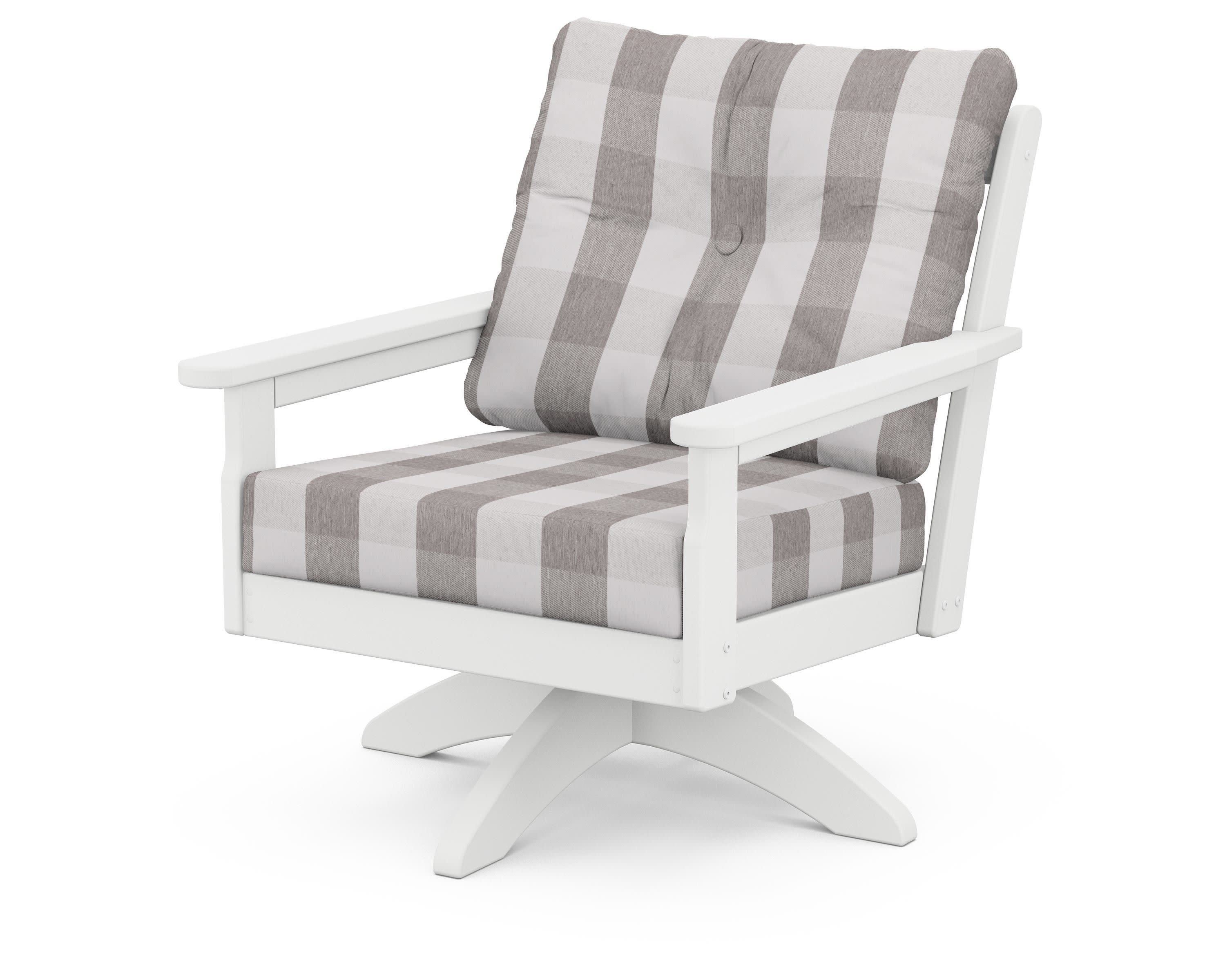 Vineyard Deep Seating Swivel Chair in White / Buffalo Plaid Grey Mist
