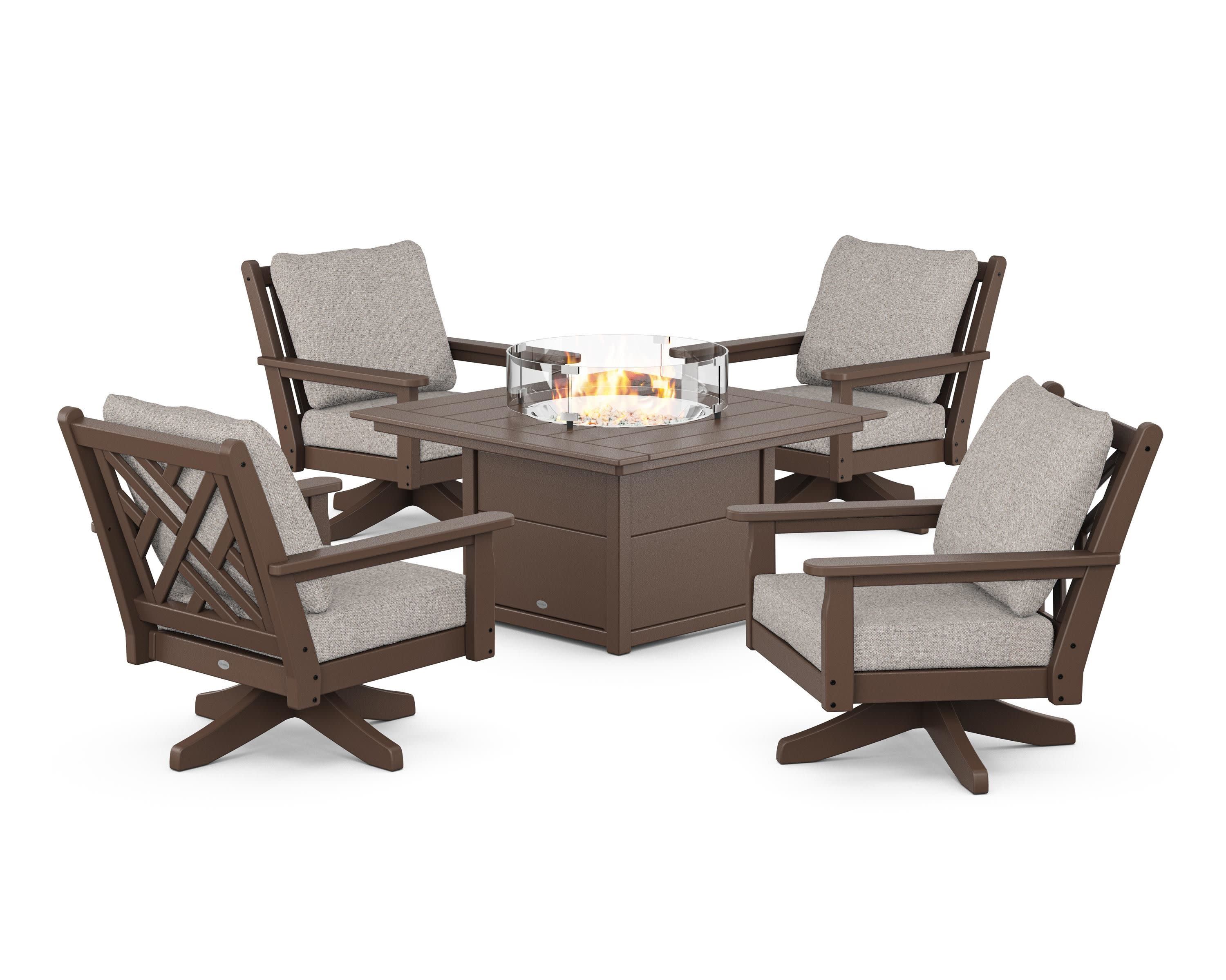 Chippendale 5-Piece Deep Seating Swivel Conversation Set with Fire Pit Table in Mahogany / Weathered Tweed