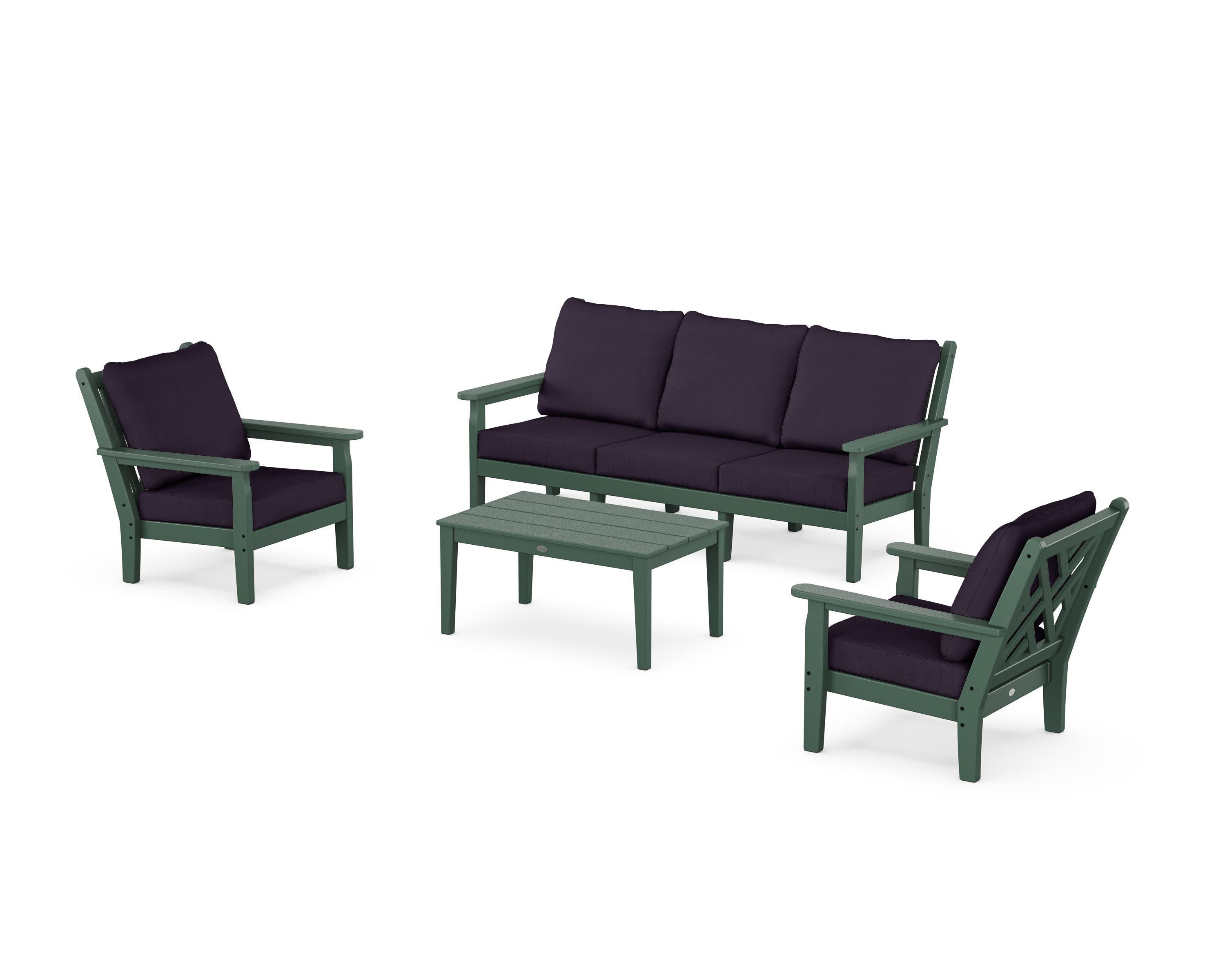 Chippendale 4-Piece Deep Seating Set with Sofa in Green / Navy Linen