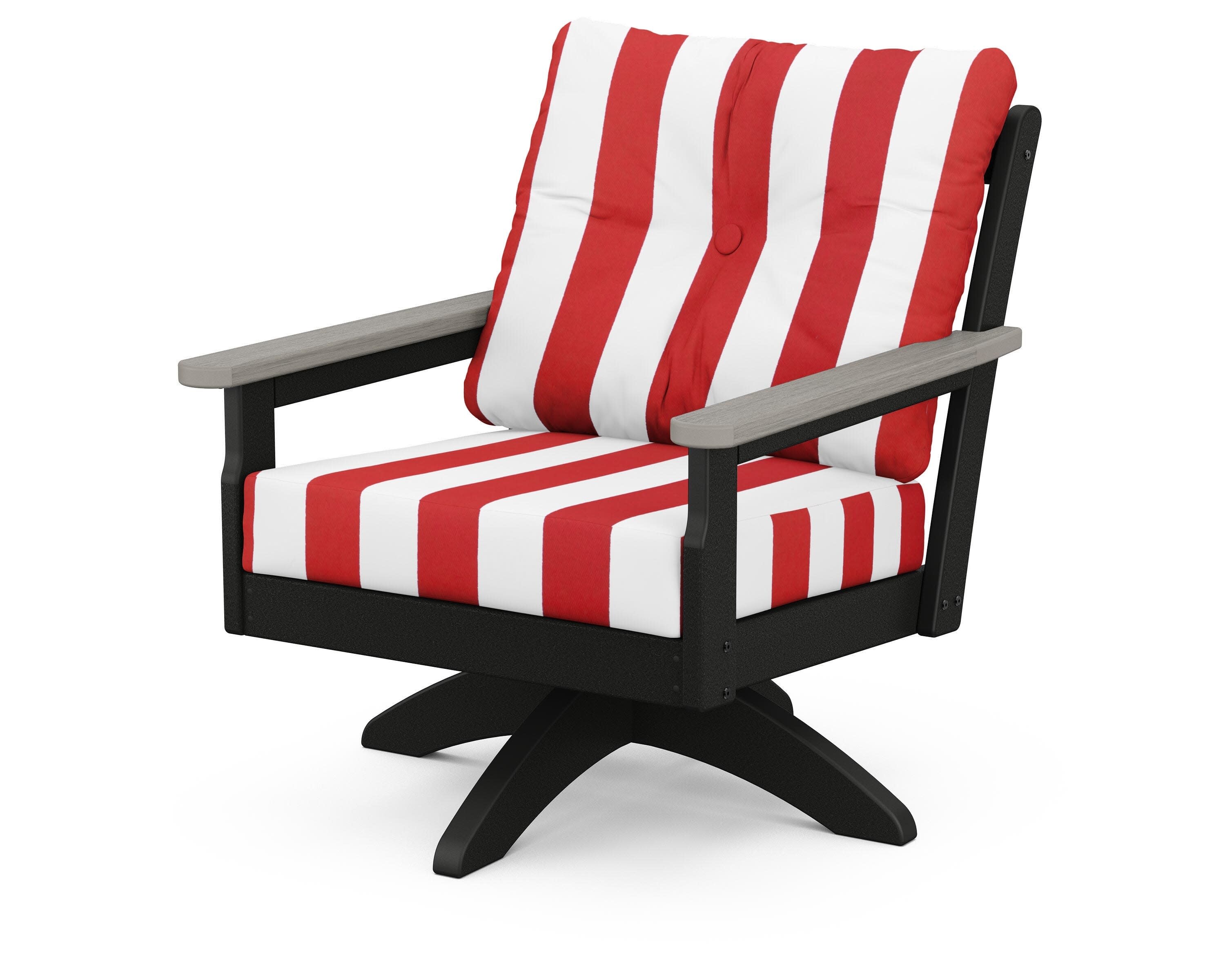 Vineyard Deep Seating Swivel Chair in Black / Driftwood / Cabana Stripe Crimson