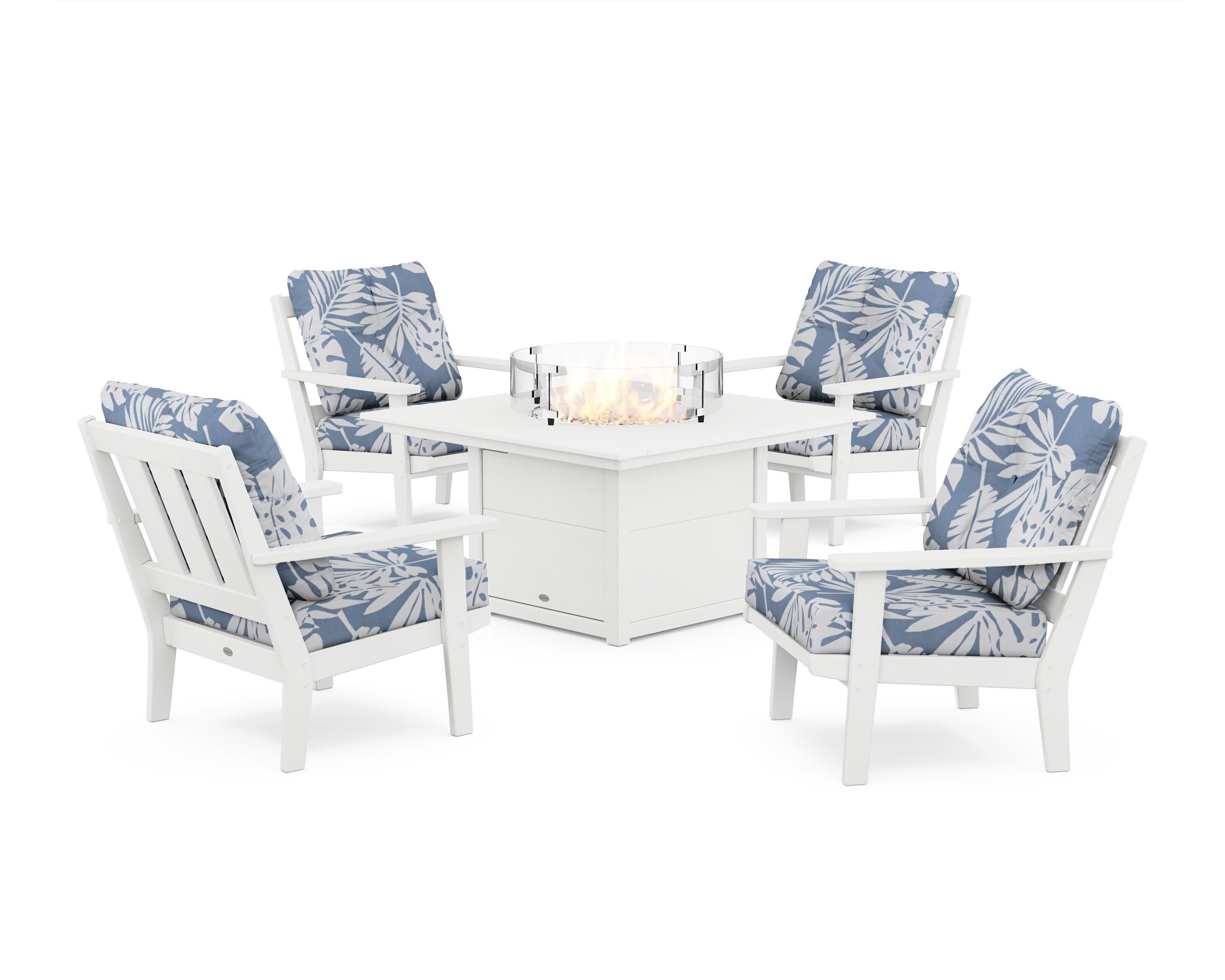 Oxford 5-Piece Deep Seating Set with Fire Pit Table in White / Leaf Sky Blue