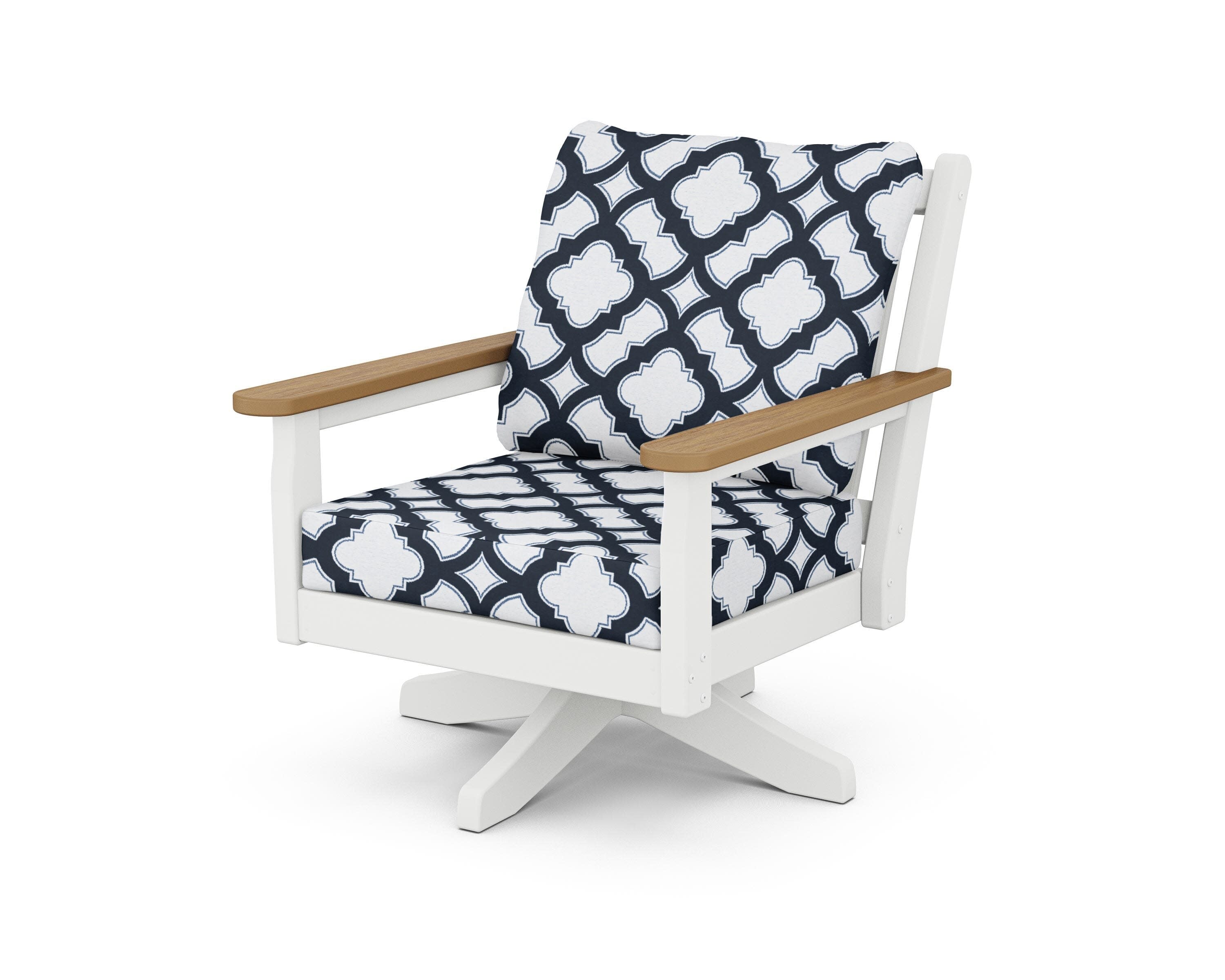Chippendale Deep Seating Swivel Chair in White / Natural / Trellis Marine Indigo