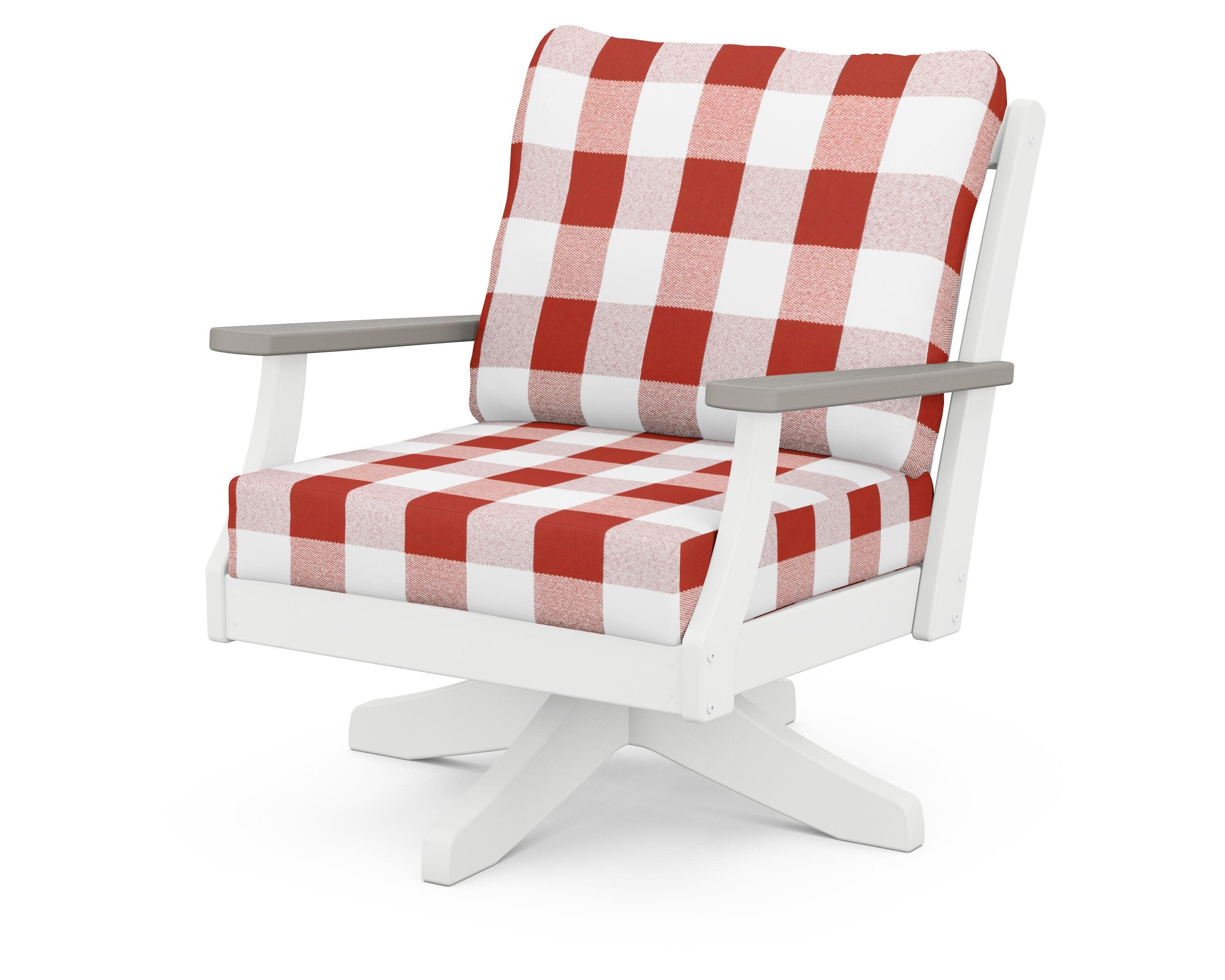 Braxton Deep Seating Swivel Chair in White / Driftwood / Buffalo Plaid Crimson