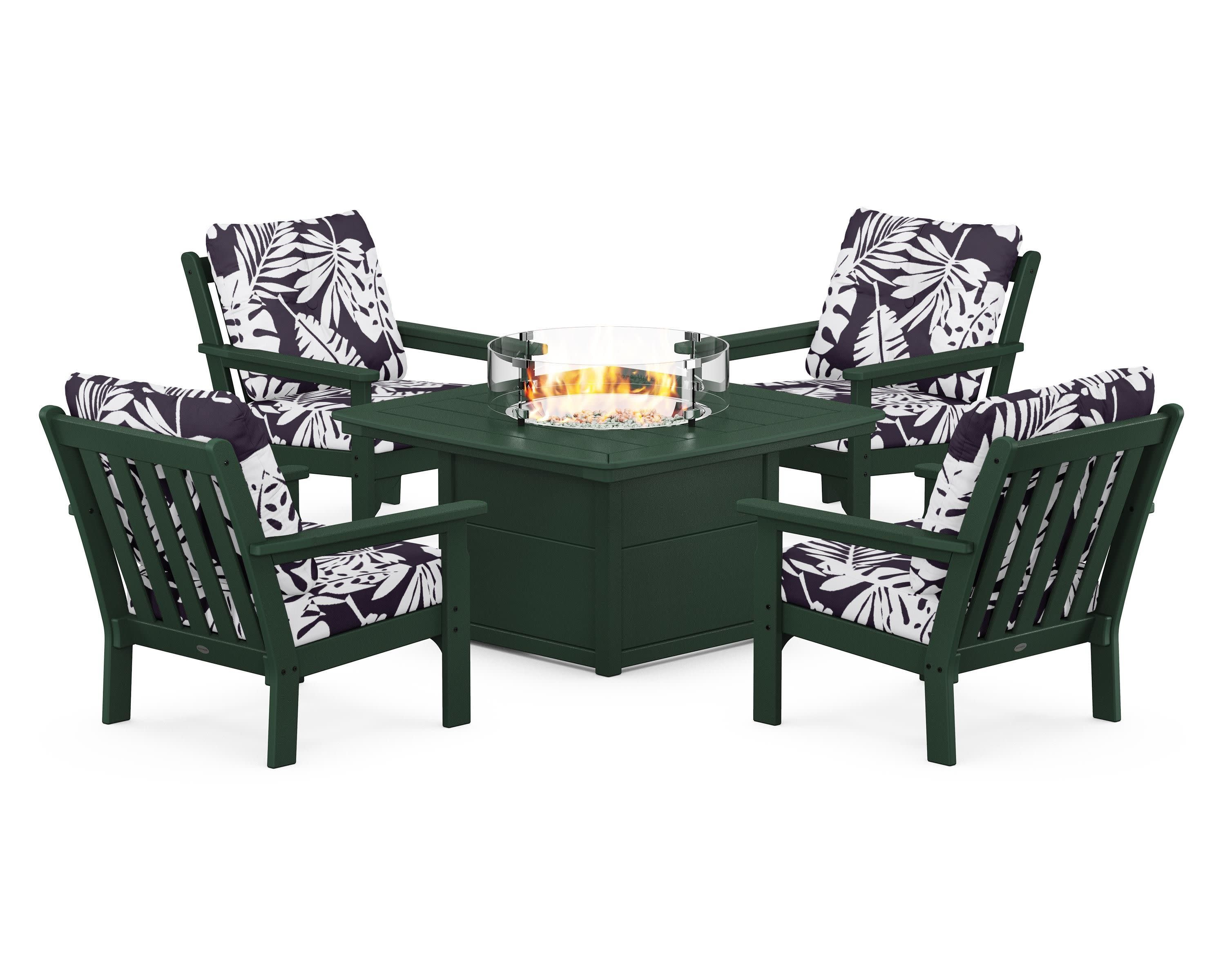 Vineyard 5-Piece Conversation Set with Fire Pit Table in Green / Leaf Navy