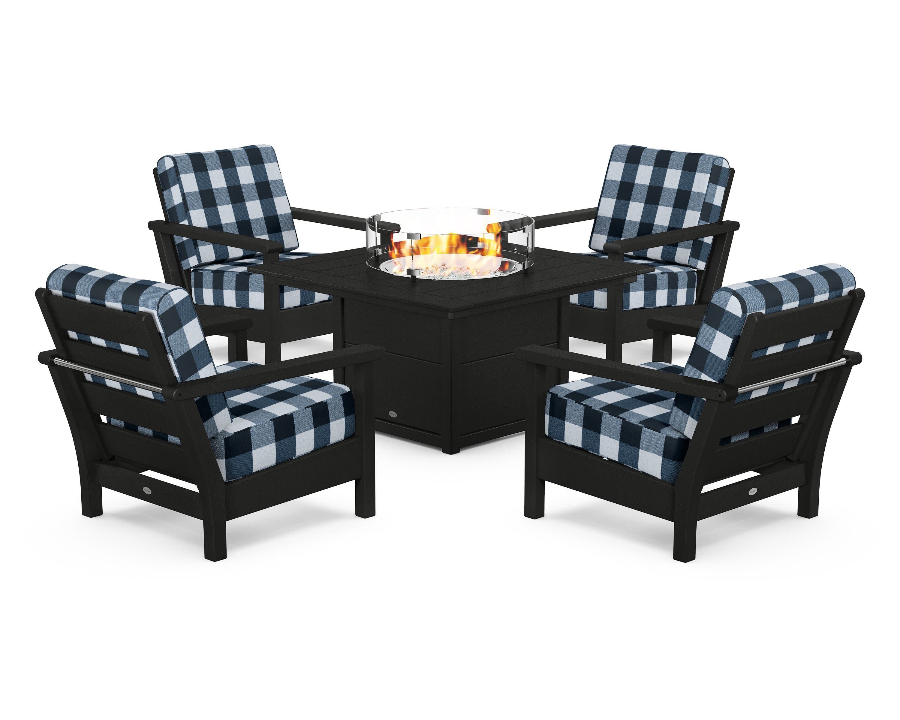 Harbour 5-Piece Conversation Set with Fire Pit Table in Black / Buffalo Plaid Marine Indigo