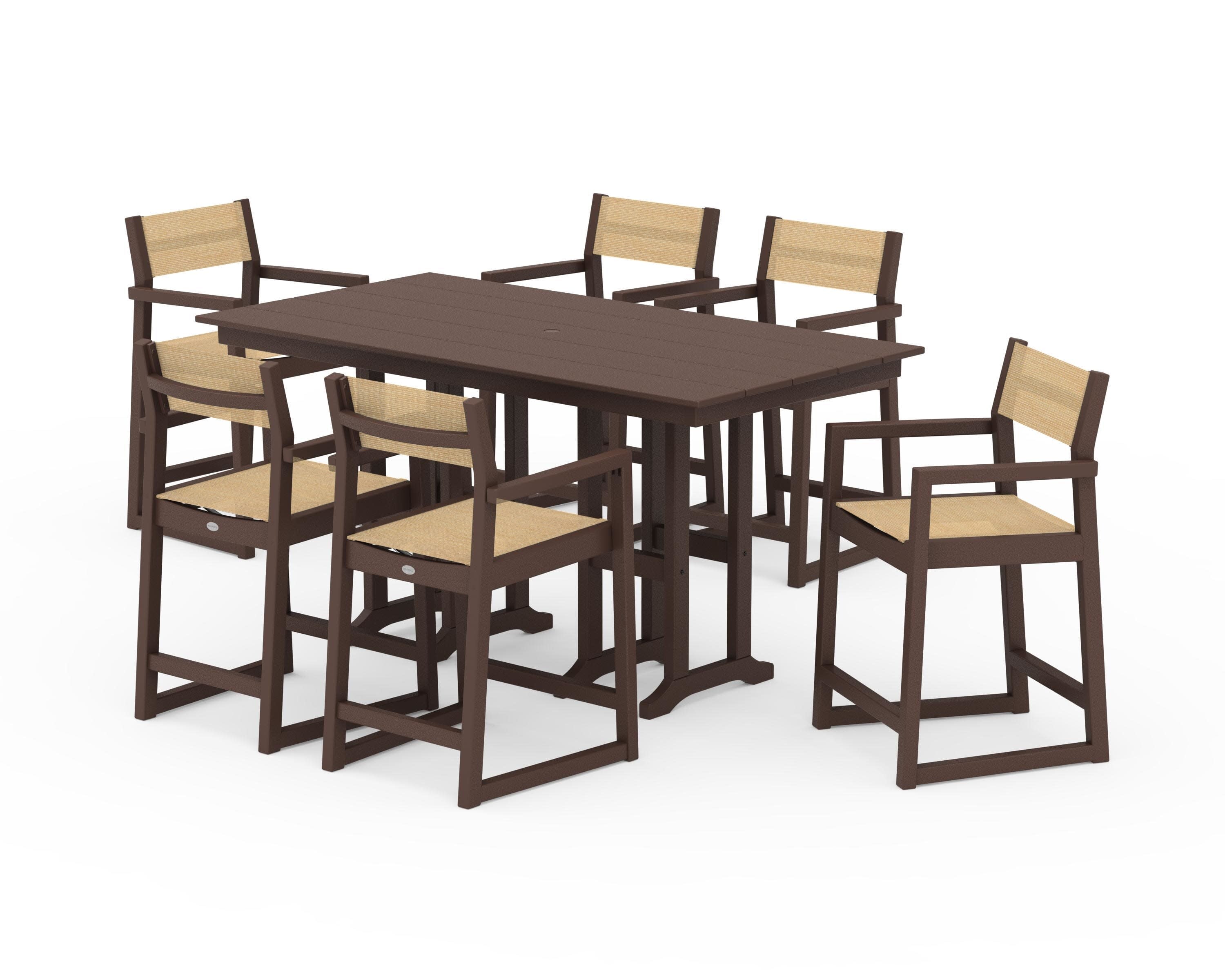 EDGE Sling Arm Chair 7-Piece Farmhouse Counter Set in Mahogany / Dupioni Apricot Sling
