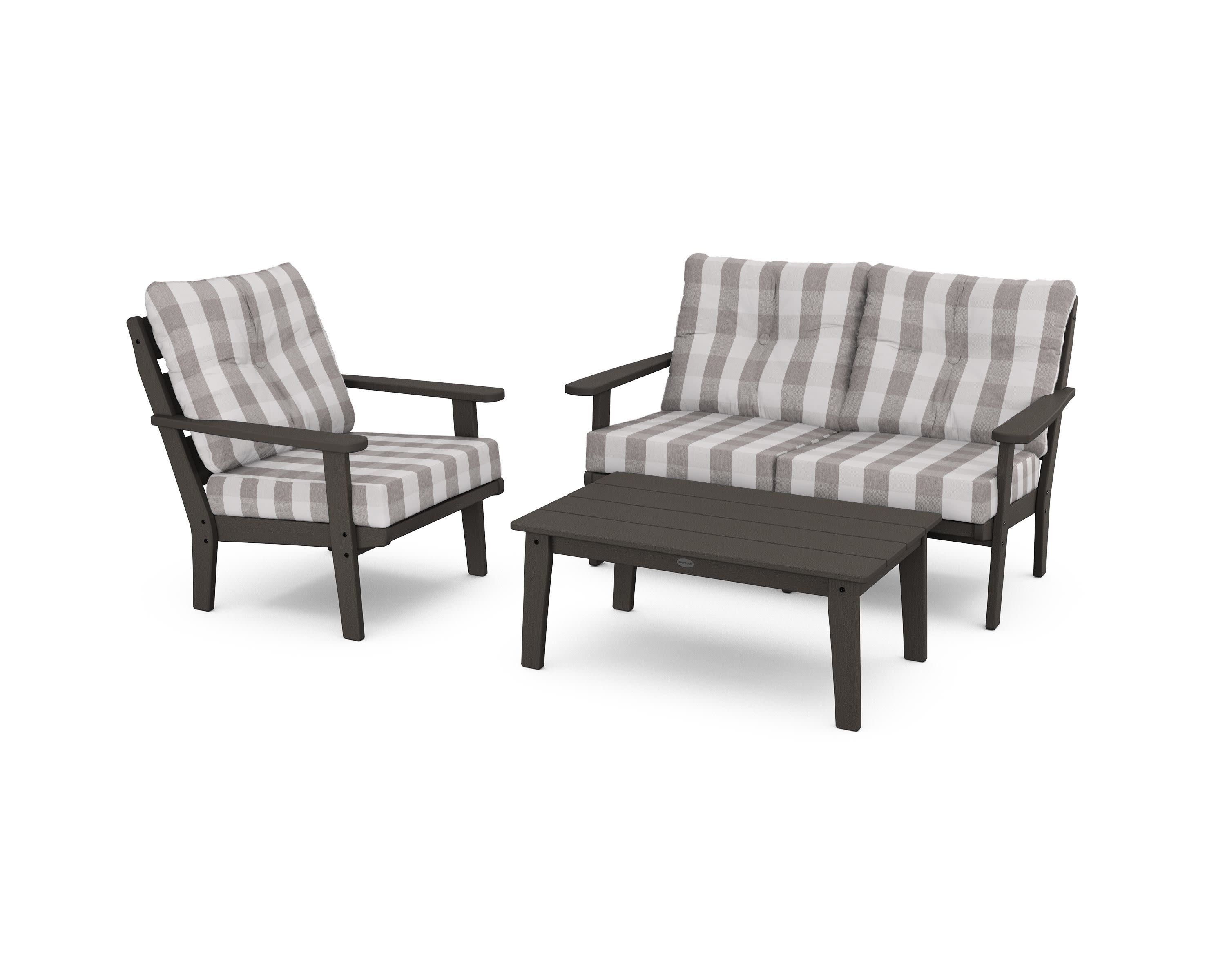 Lakeside 3-Piece Deep Seating Set in Vintage Coffee / Buffalo Plaid Grey Mist