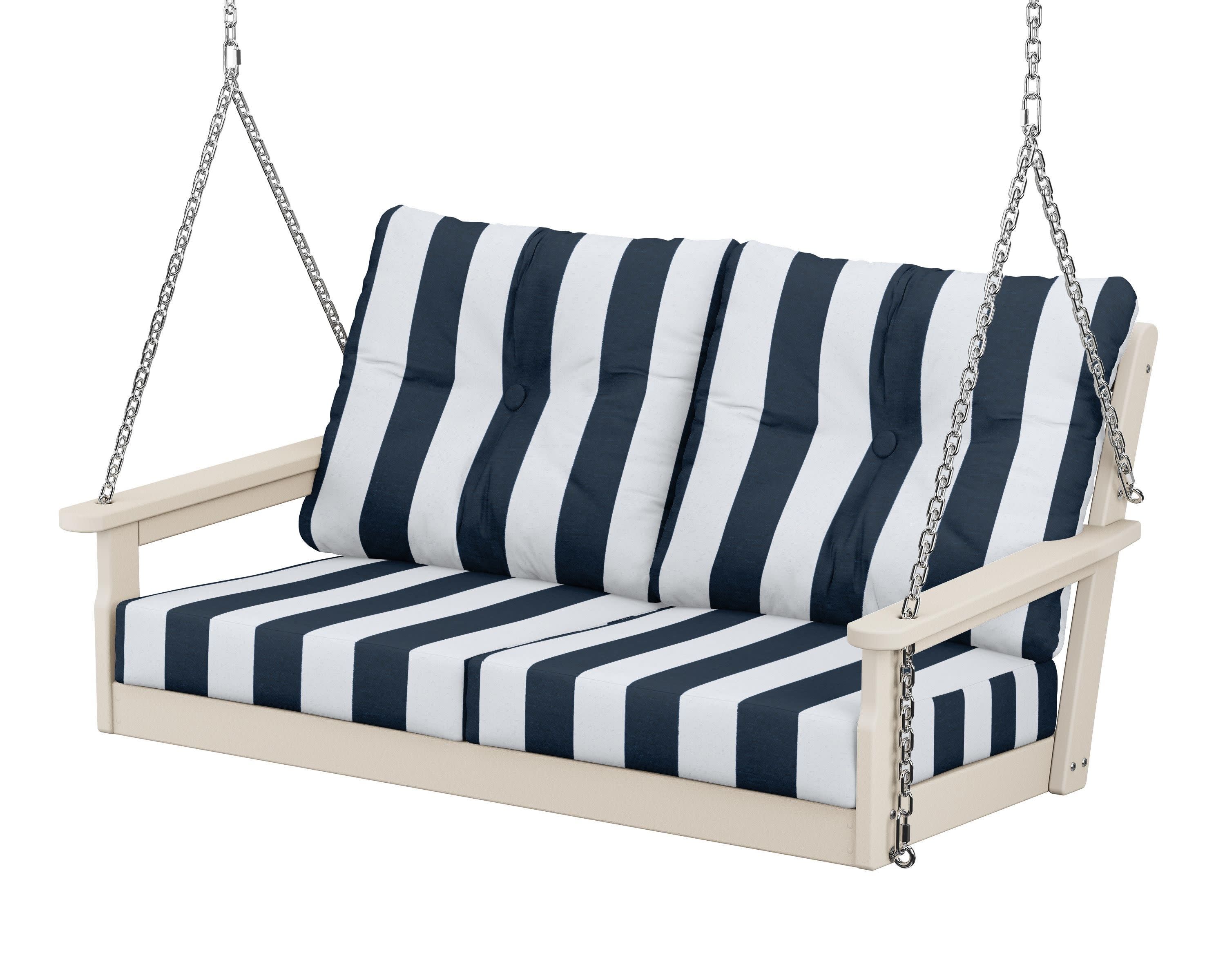 Vineyard Deep Seating Swing in Sand / Cabana Stripe Marine Indigo