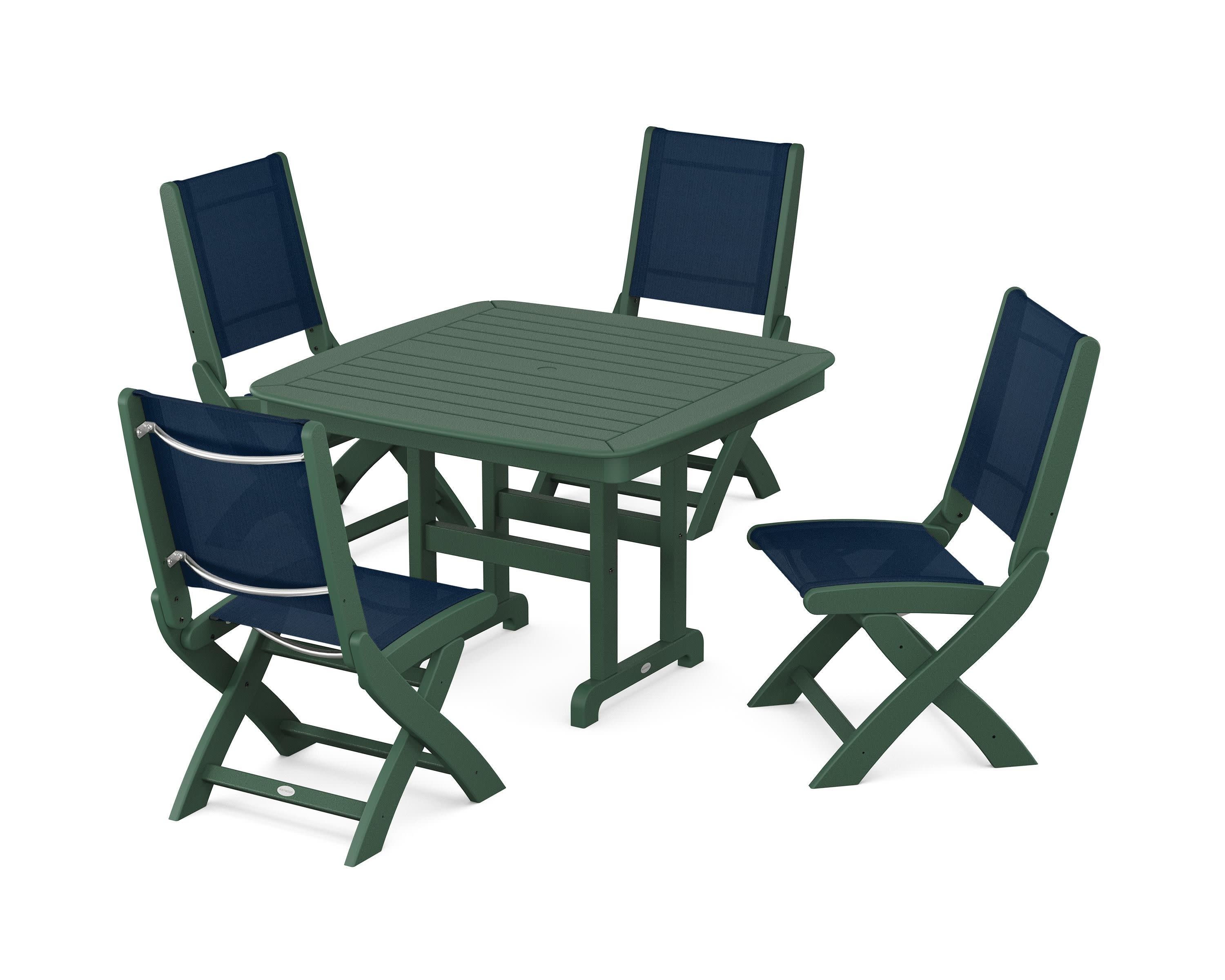 Coastal Folding Side Chair 5-Piece Dining Set in Green / Navy Blue Sling