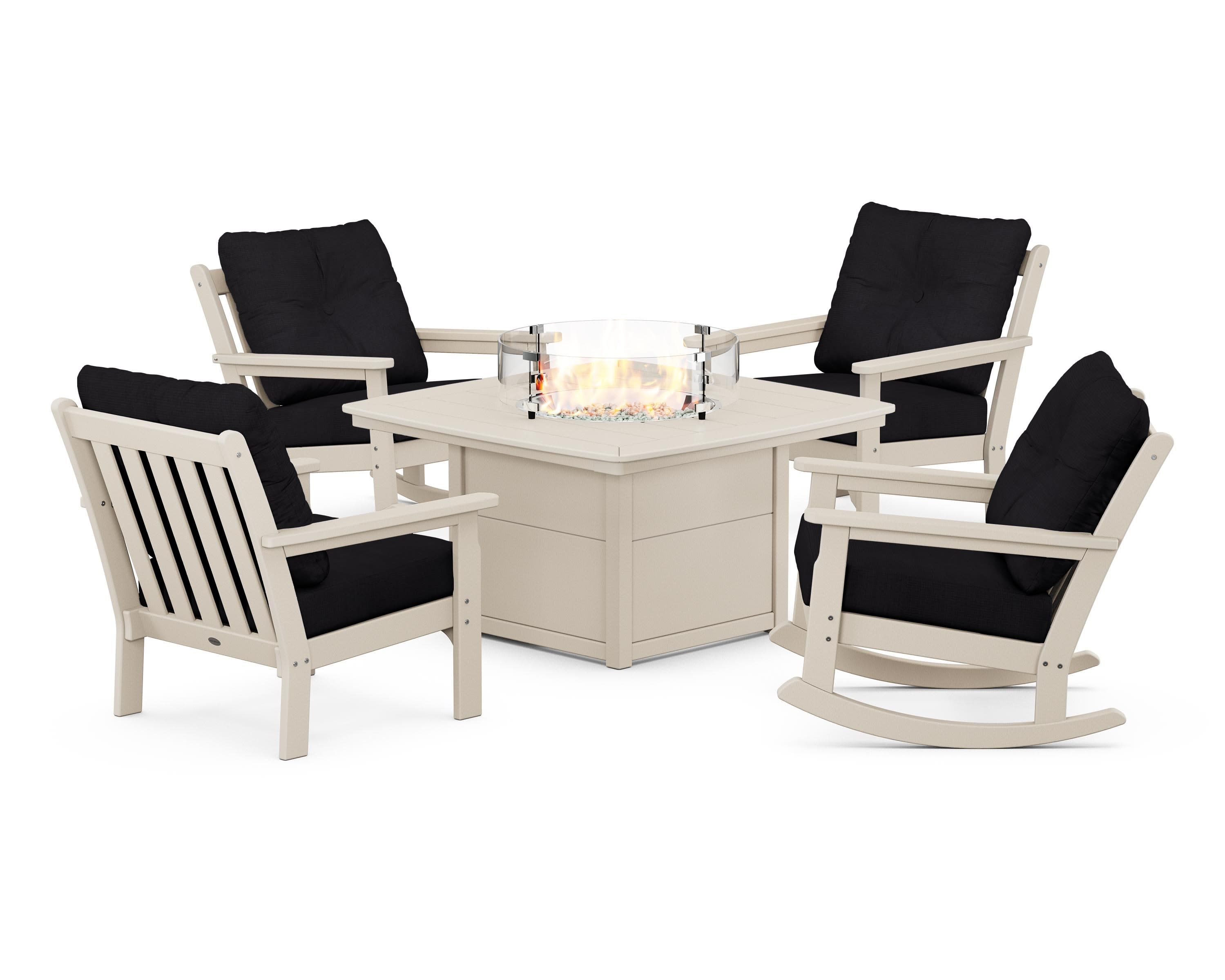 Vineyard 5-Piece Deep Seating Rocking Chair Conversation Set with Fire Pit Table in Sand / Midnight Linen