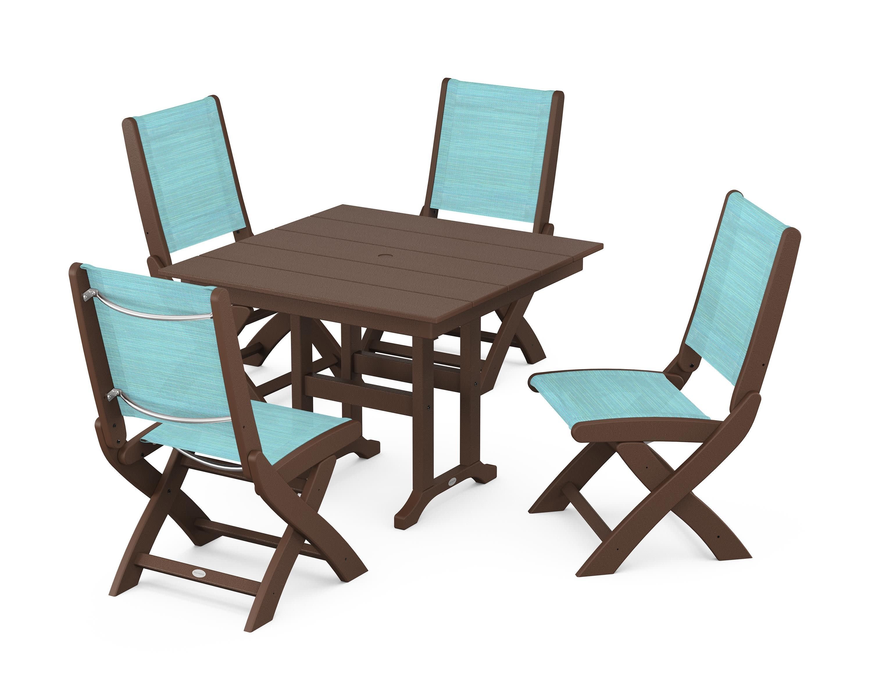 Coastal Folding Side Chair 5-Piece Farmhouse Dining Set in Mahogany / Dupioni Aquamarine Sling