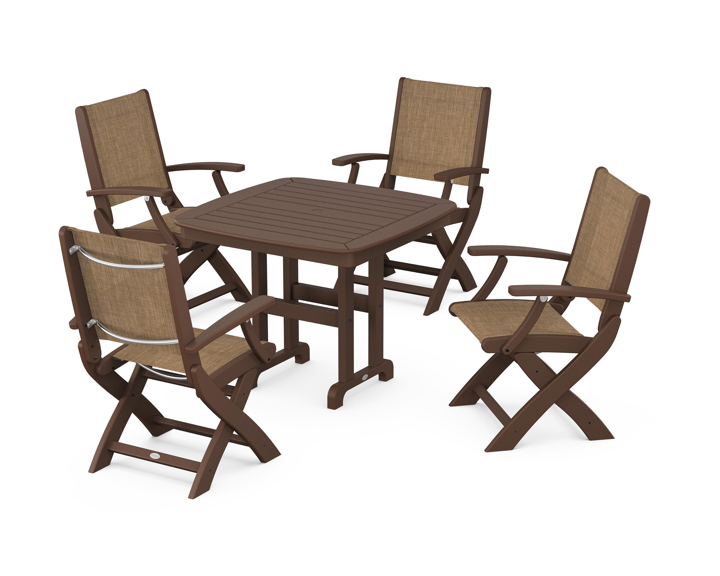 Coastal Folding Chair 5-Piece Dining Set in Mahogany / Burlap Sling