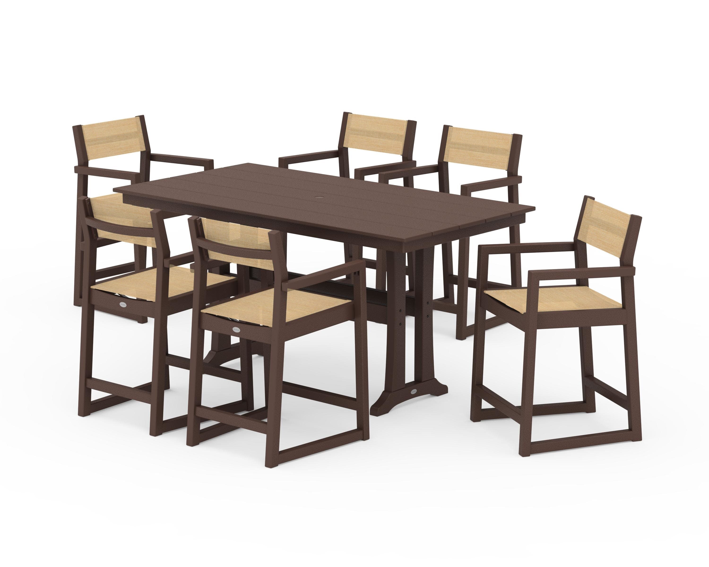 EDGE Sling Arm Chair 7-Piece Farmhouse Counter Set with Trestle Legs in Mahogany / Dupioni Apricot Sling