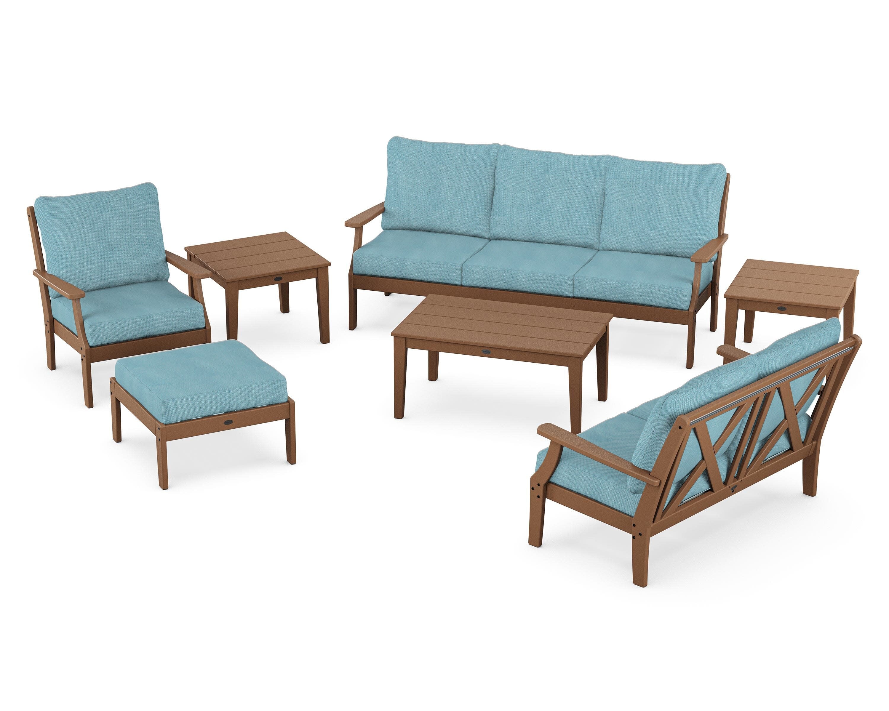 Braxton 7-Piece Deep Seating Set in Teak / Lattice Sky Blue